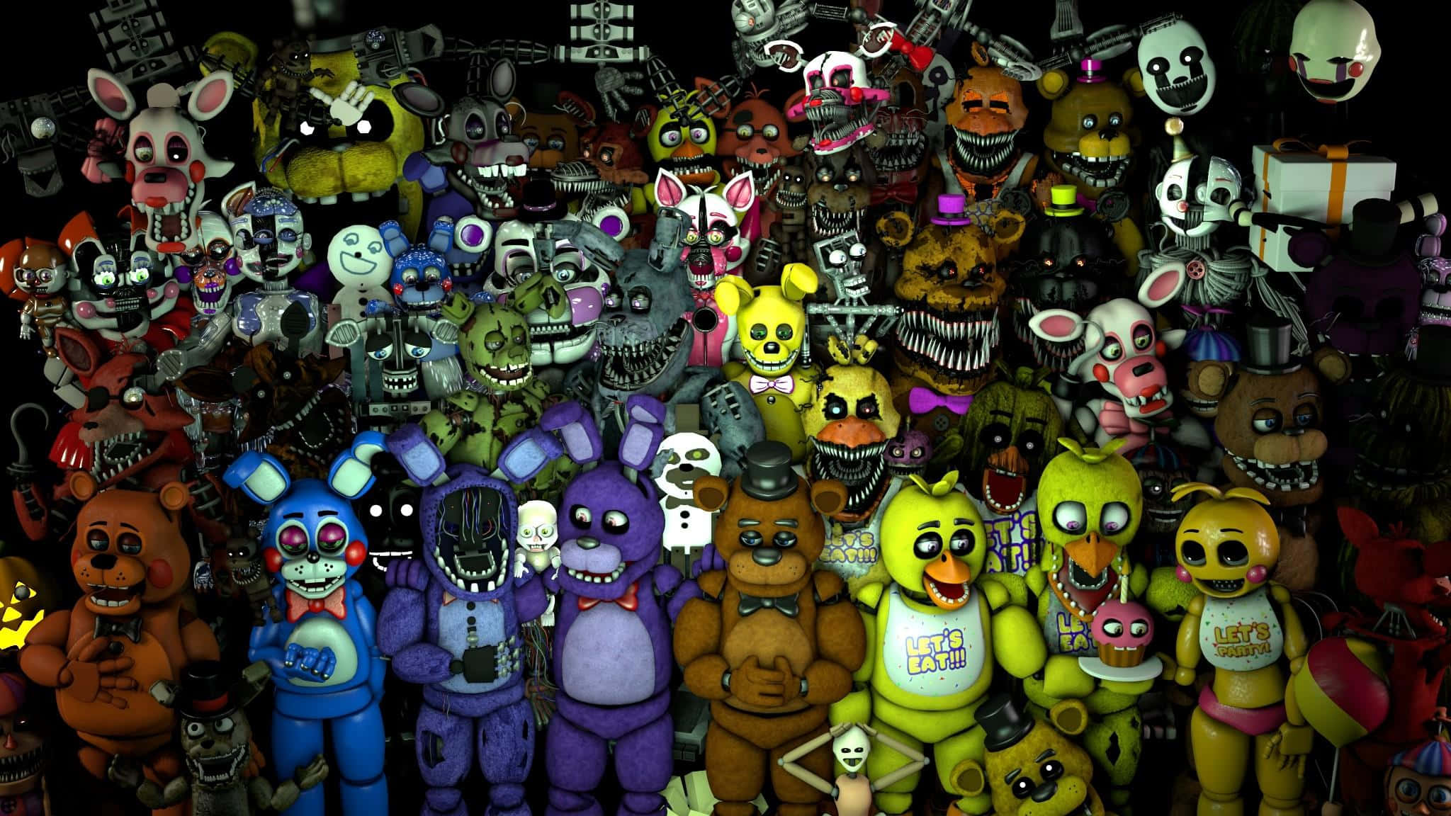Animatronics 桌布 壁紙 — 一群密集嘅Five Nights at Freddy's嘅恐怖機械動畫角色，有發光嘅眼睛同尖銳嘅牙齒。