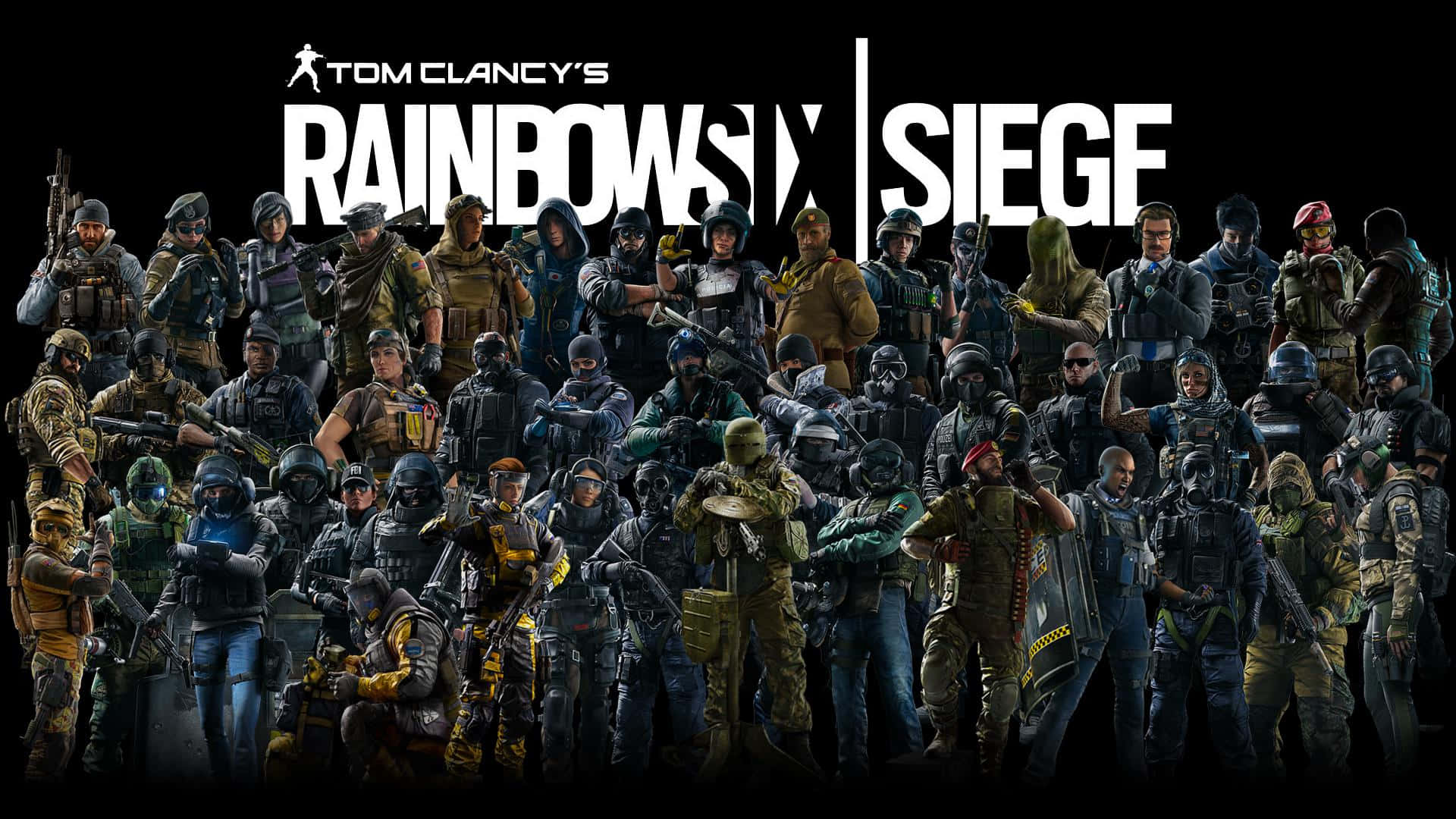 Rainbow Six Siege Operators 桌布 壁紙 — 一群密集嘅多樣化戰術操作員全副武裝，喺黑色背景前自信擺姿勢，遊戲標題顯眼展示。