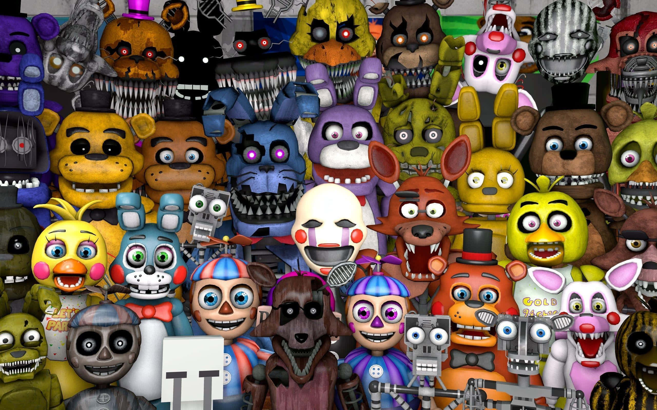 Animatronics 桌布 壁紙 — 一群密集嘅威脅性動畫機械角色，嚟自 Five Nights at Freddy's，有發光嘅眼睛同尖銳嘅牙齒。