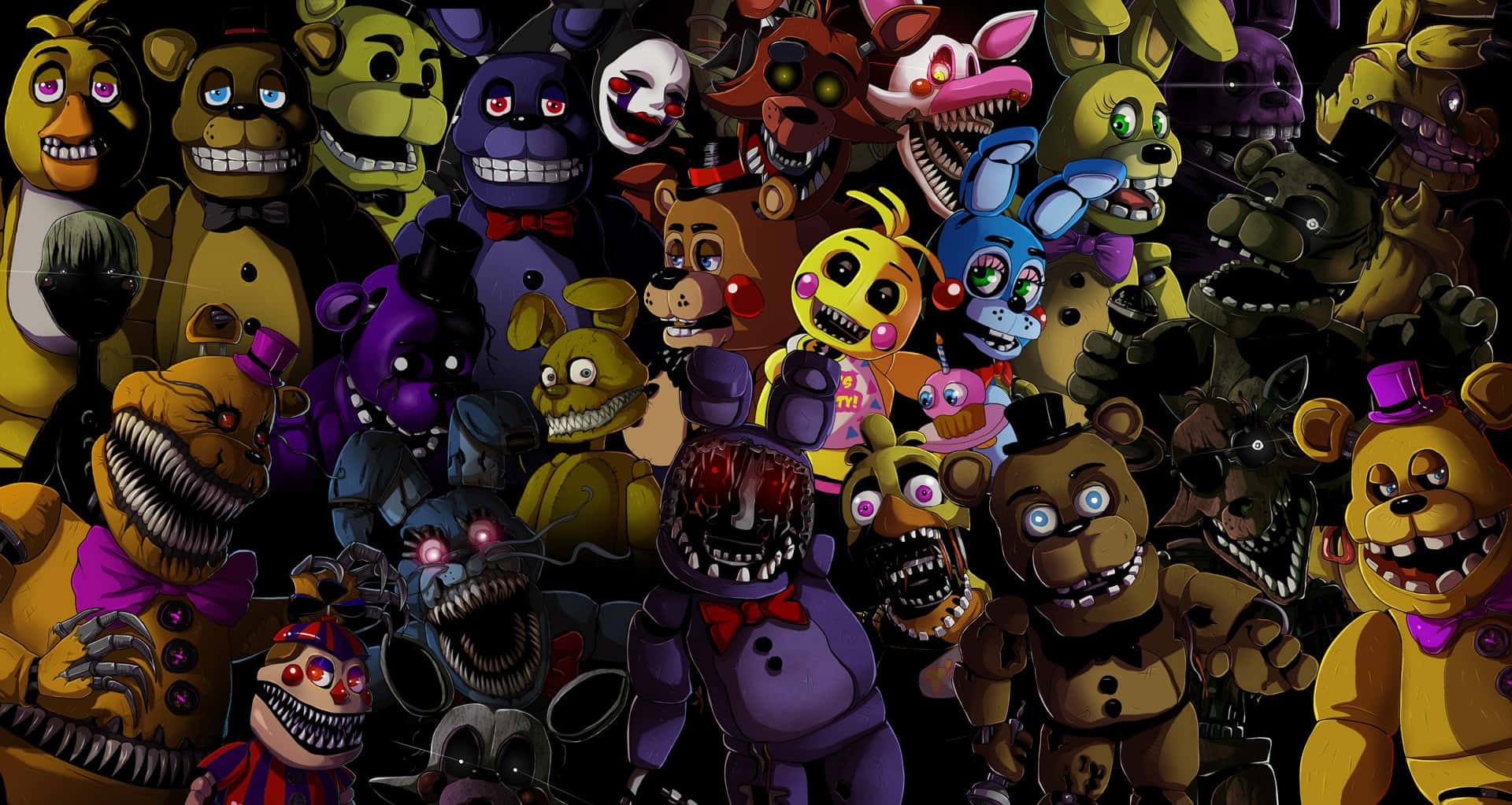 Animatronics 桌布 壁紙 — 一群密集嘅威脅性動畫機械角色，嚟自《Five Nights at Freddy's》，有發光嘅眼睛同尖銳嘅牙齒，背景係黑暗嘅。