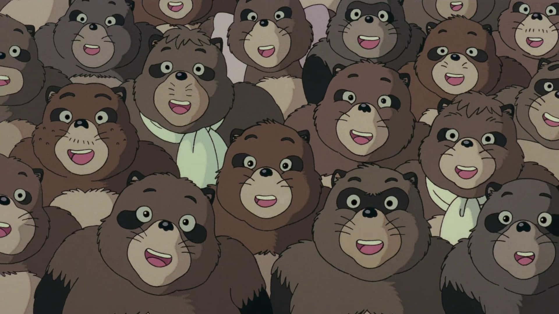 pom poko 桌布 壁紙 — 一群密集嘅開心卡通浣熊，有大眼睛同微笑嘅嘴，填滿咗個畫面。