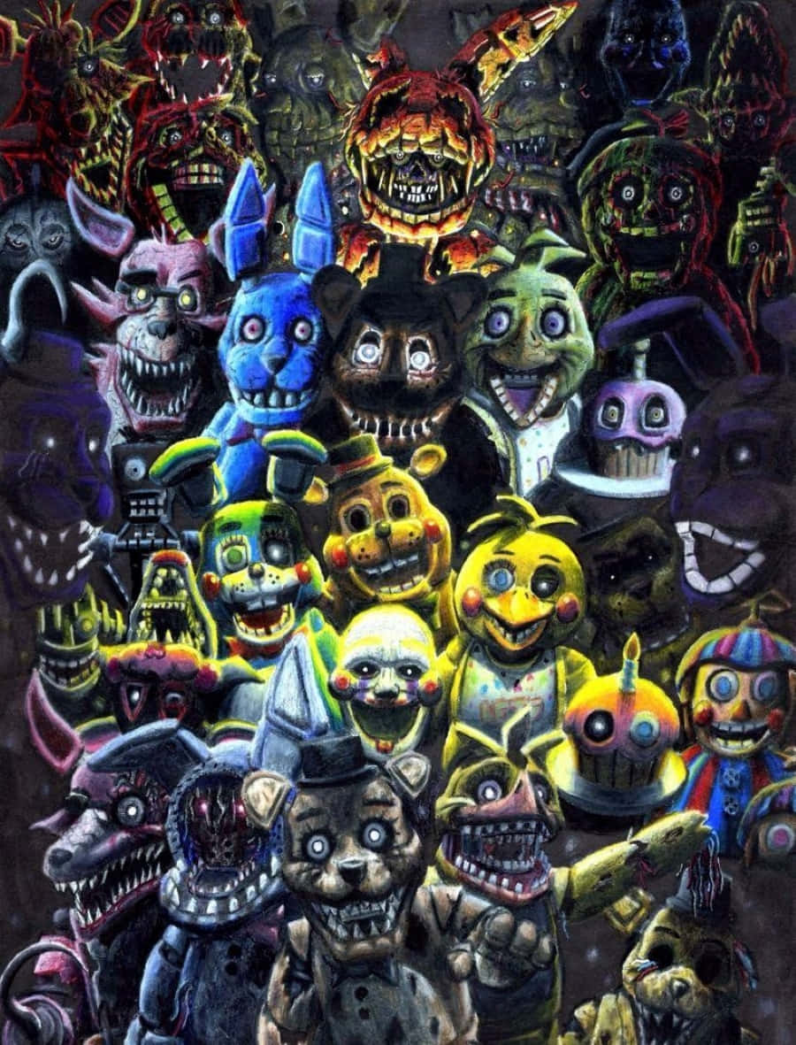 Animatronics 桌布 壁紙 — 一群密集混亂、來自《Five Nights at Freddy's》的威脅性機械動物角色，擁有發光的眼睛和鋒利的牙齒。