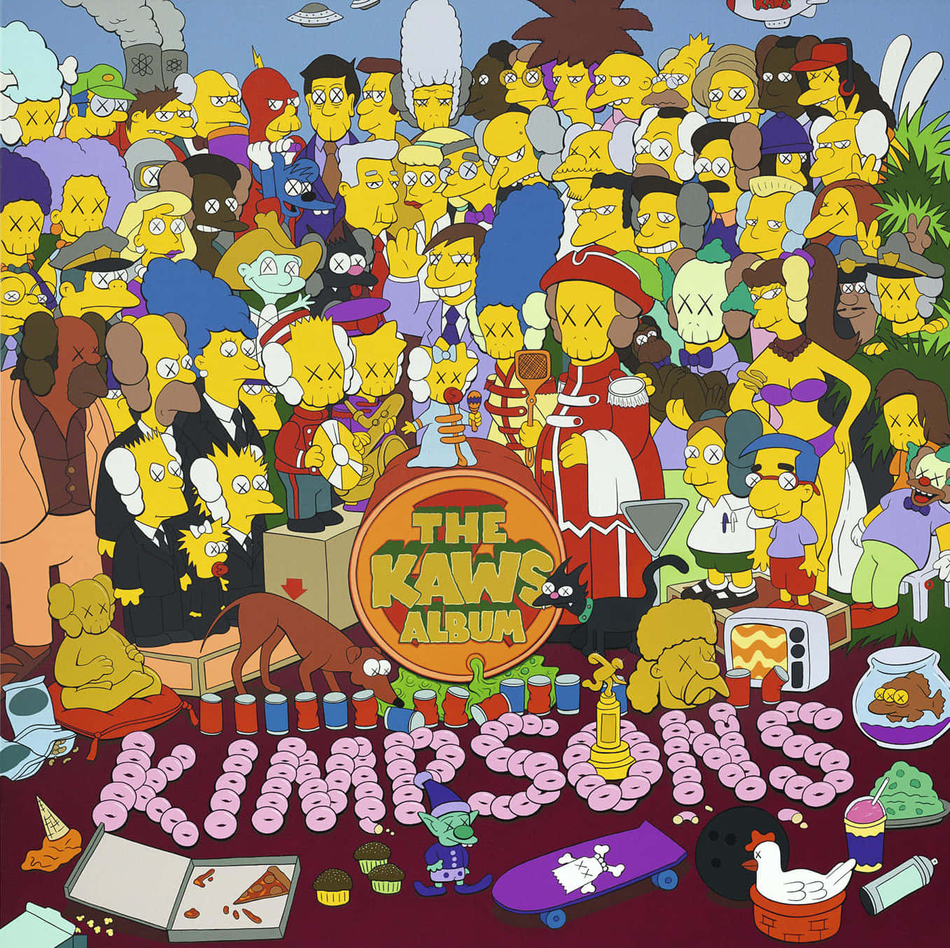 Kaws The Simpsons 桌布 壁紙 — 一群密集的辛普森角色，眼睛上有KAWS X標記，聚集在一個標有The KAWS Album的中央鼓周圍。