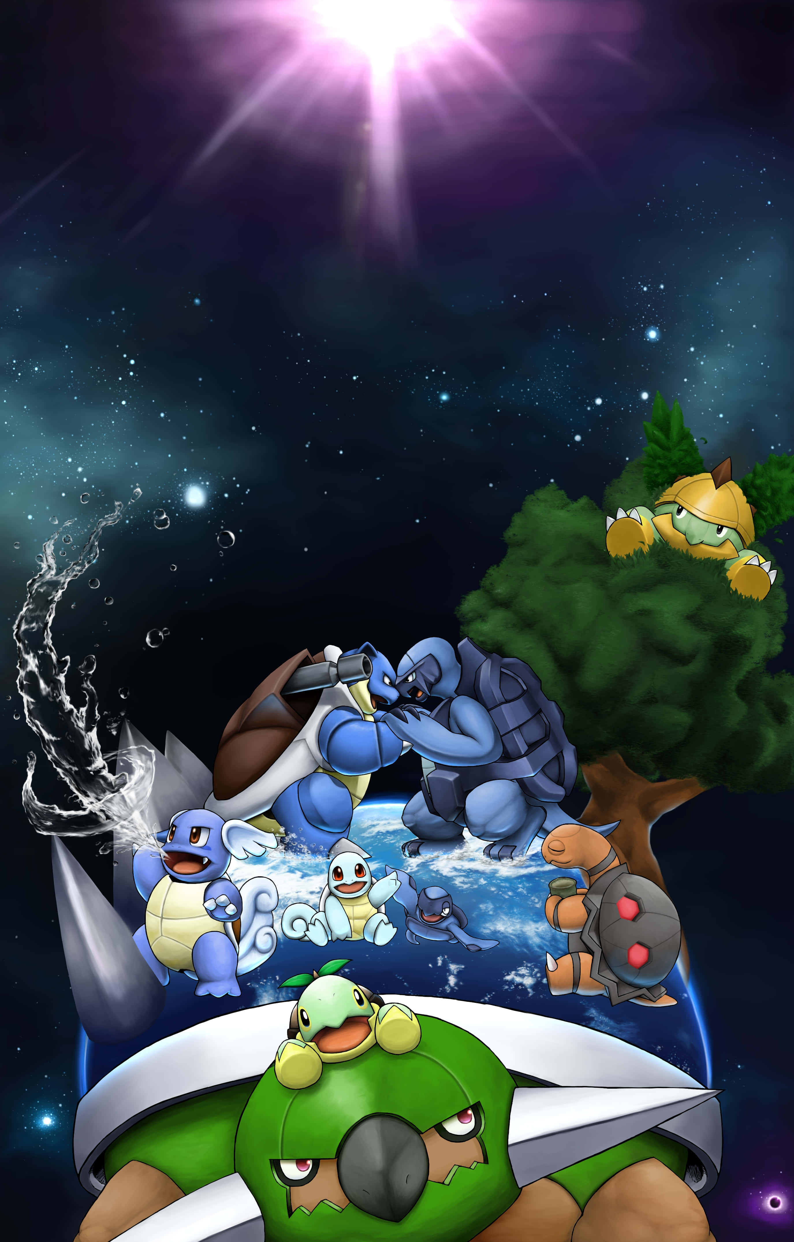 Squirtle 桌布 壁紙 — 一群寶可夢角色在太空戰鬥，地球在下方，頭頂有明亮的星爆。