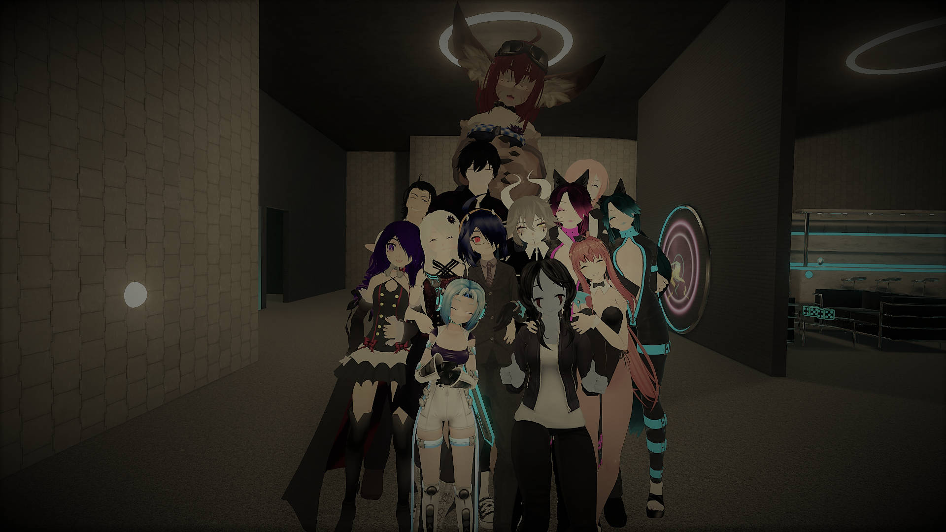 Vrchat Purple Lotus RP 壁紙 — 一群帶有發光光環和未來元素的動漫風格角色站在光線昏暗、石牆的走廊中。