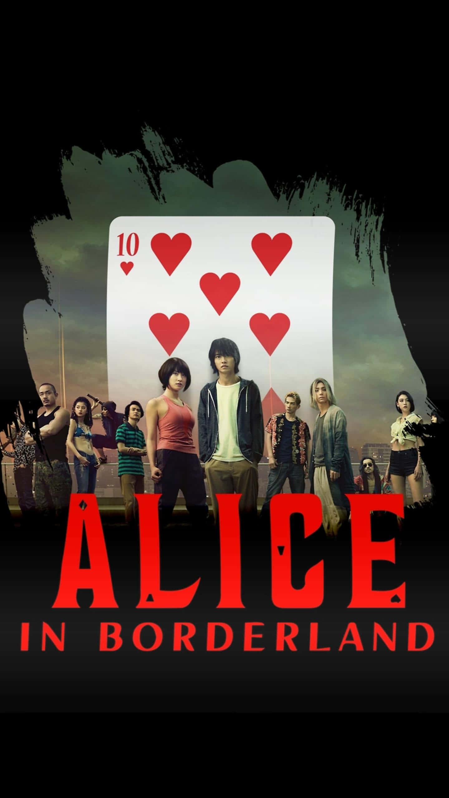 Alice In Borderland 桌布 壁紙 — 一群年輕人站在一張巨大的紅心十卡牌前，背景是黑暗煙霧繚繞，並有粗體紅色標題文字。