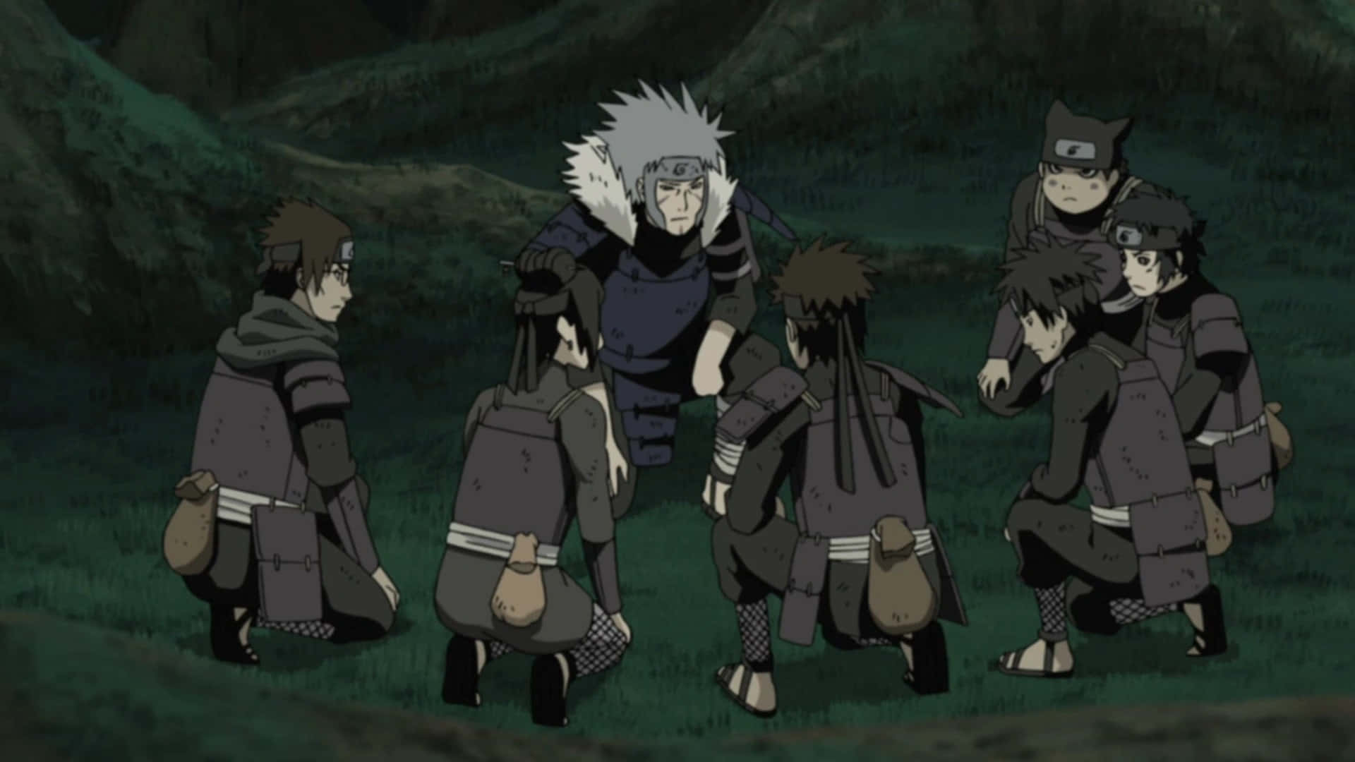 tobirama senju 桌布 壁紙 — 一群忍者學徒在陰天昏暗的森林空地中跪在他們的師傅面前。