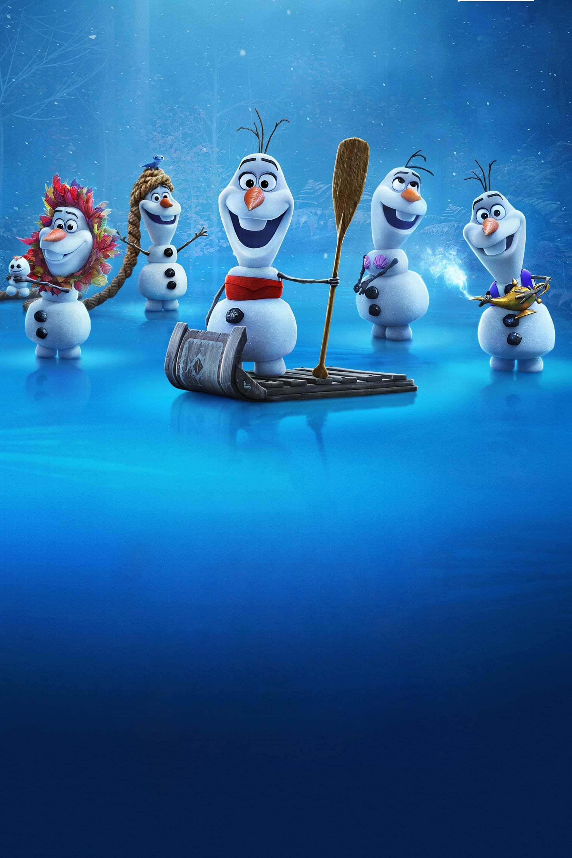 Olaf 桌布 壁紙 — 一群快樂的雪人喺星光燦爛嘅夜空下，喺發光嘅藍色冰面上划緊木製雪橇。