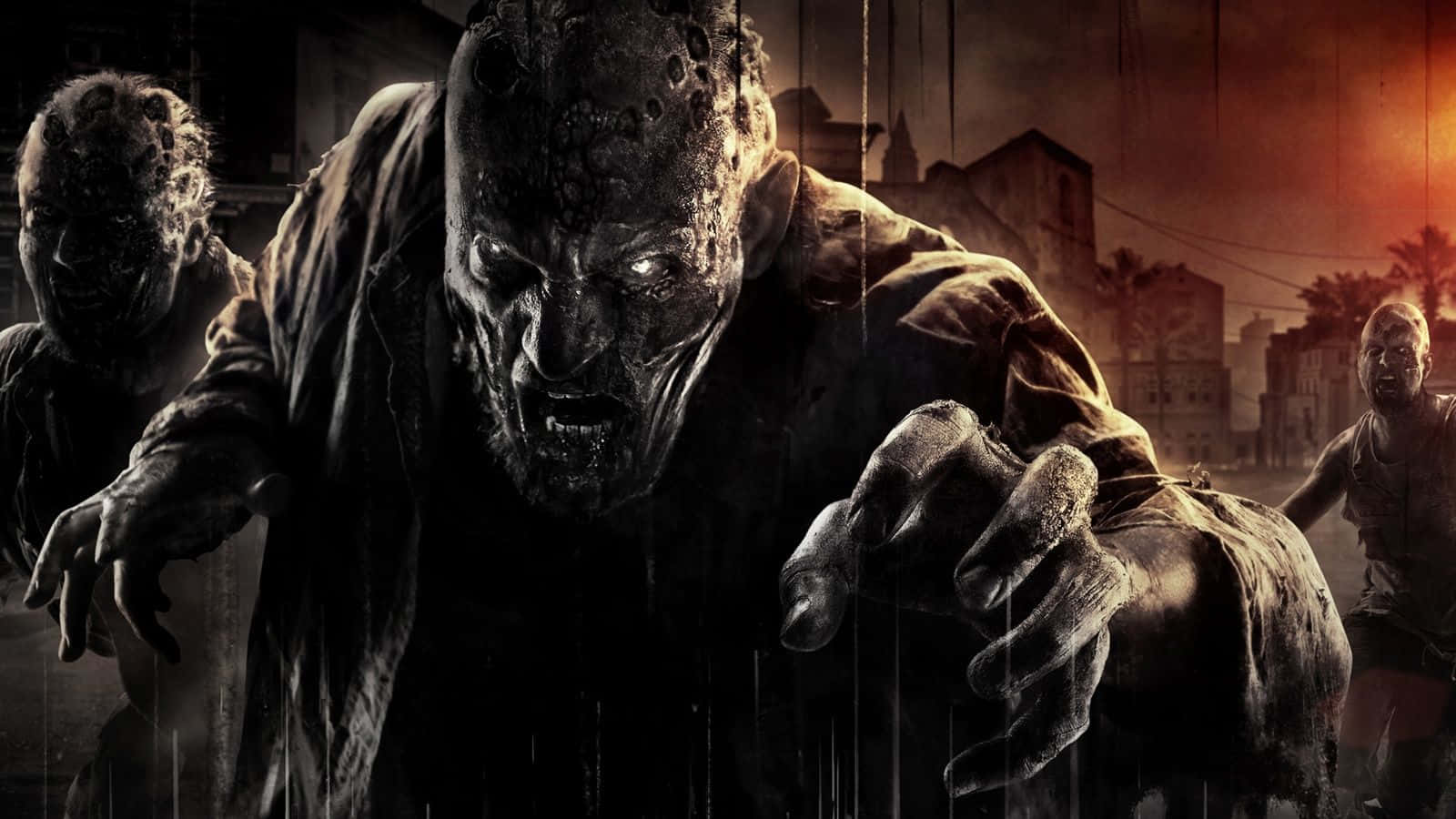 Horror Games 桌布 壁紙 — 一群怪異的喪屍在火紅橙色的天空下，於被雨水浸透的廢墟城市中向前猛衝。