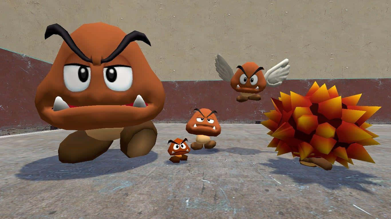 Goomba 桌布 壁紙 — 一群憤怒的栗子仔和一個帶刺的諾庫諾庫站在遊戲場景的混凝土表面上。