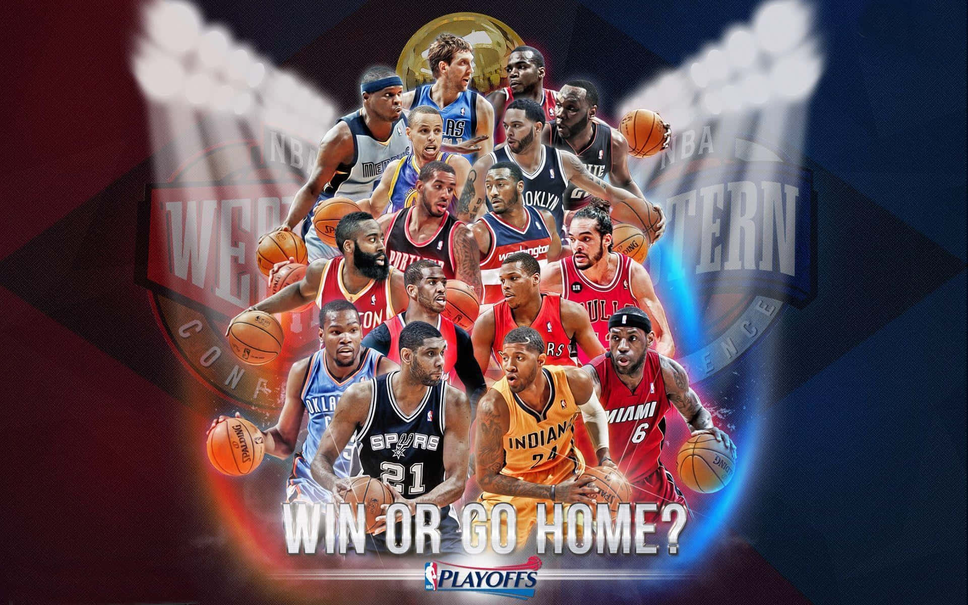 NBA 西岸聯盟季後賽球員擺出動作姿勢，帶有「Win or Go Home?」文字。