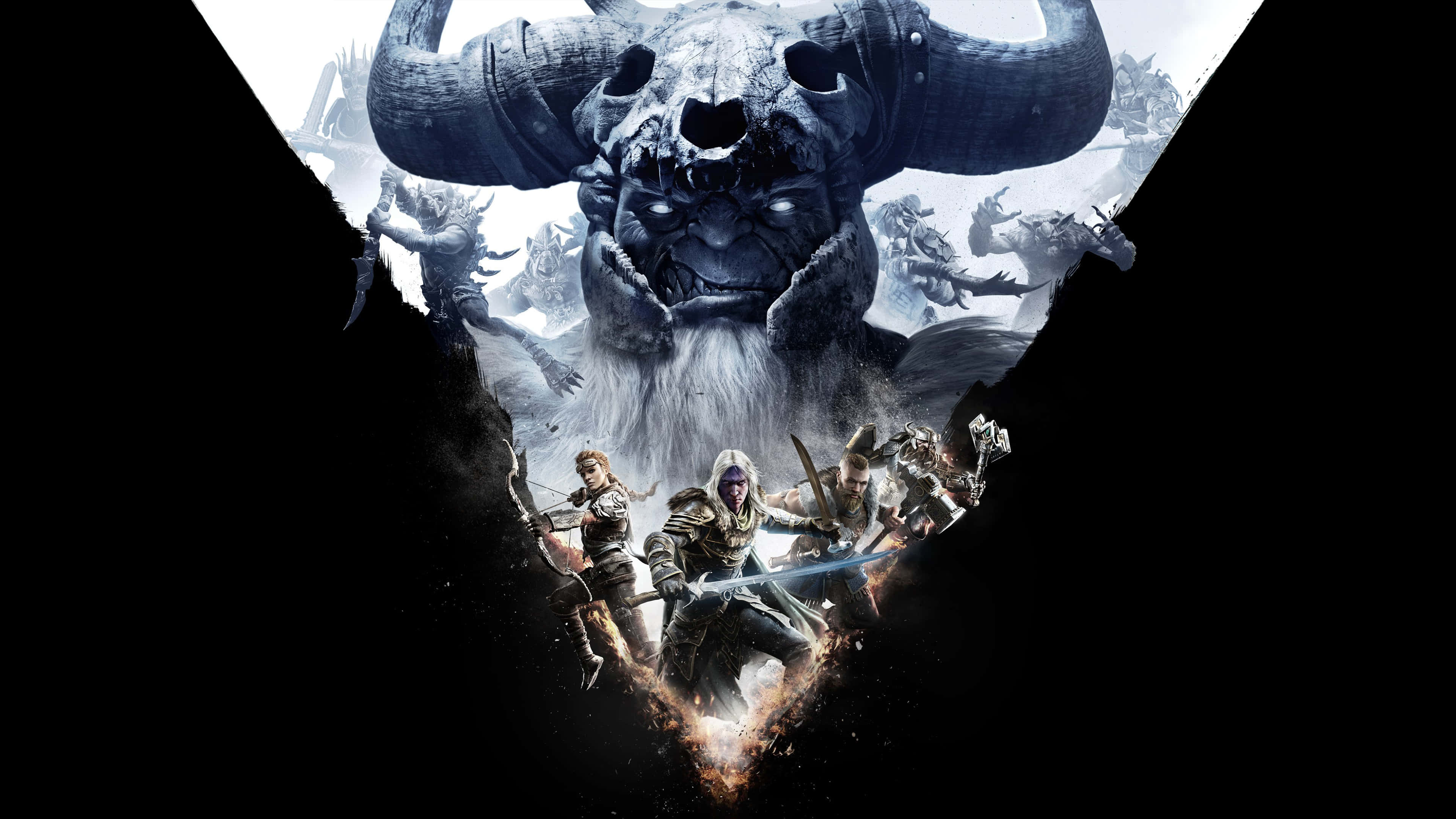 Dark Alliance 桌布 壁紙 — 一群戰士在黑暗奇幻戰鬥場景中，挑釁地站在一個巨大的有角頭骨前。