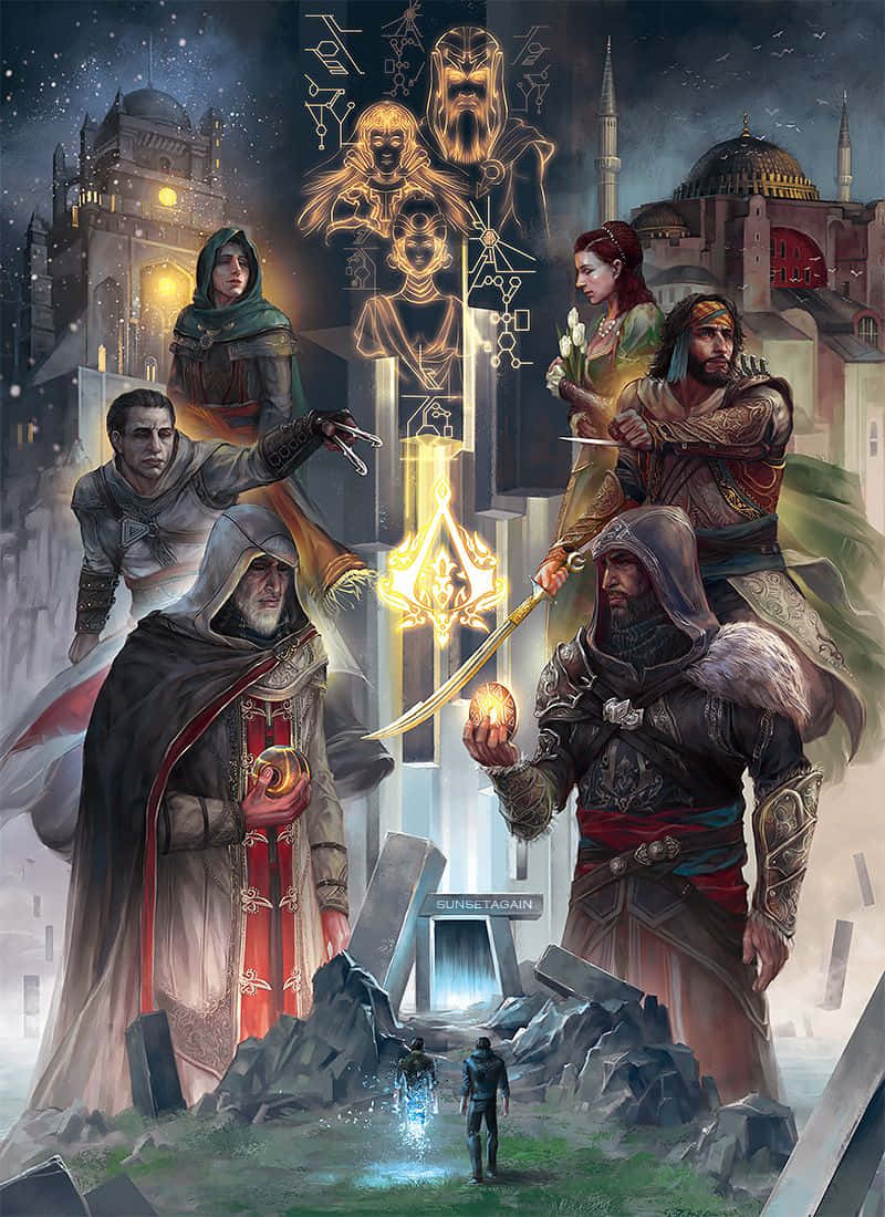 Gaming Art 桌布 壁紙 — 一群戴著兜帽的刺客站在星光燦爛的夜空下，雪景城市景觀中一個發光的金色符號前。