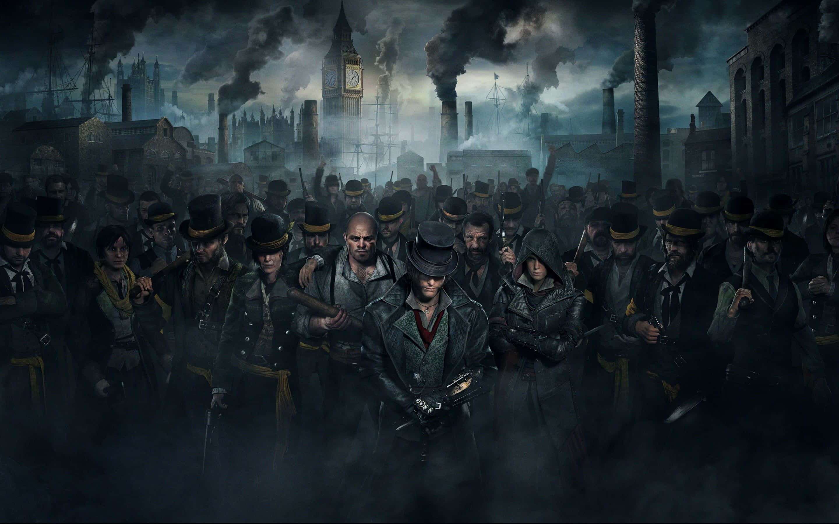 Assassin's Creed Syndicate 桌布 壁紙 — 一群戴著高帽、身穿大衣的維多利亞時代叛亂分子，在煙霧瀰漫的倫敦街道上行進，大笨鐘在黑暗的天空下若隱若現。