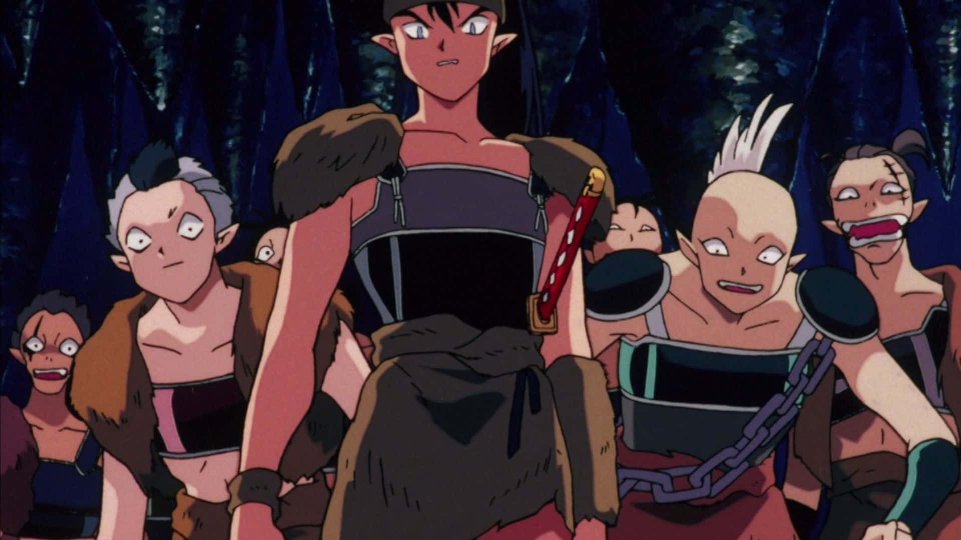 Inuyasha Koga 桌布 壁紙 — 一群擁有尖耳朵和兇猛表情的動漫角色站在黑暗的森林中，其中一人手持劍。