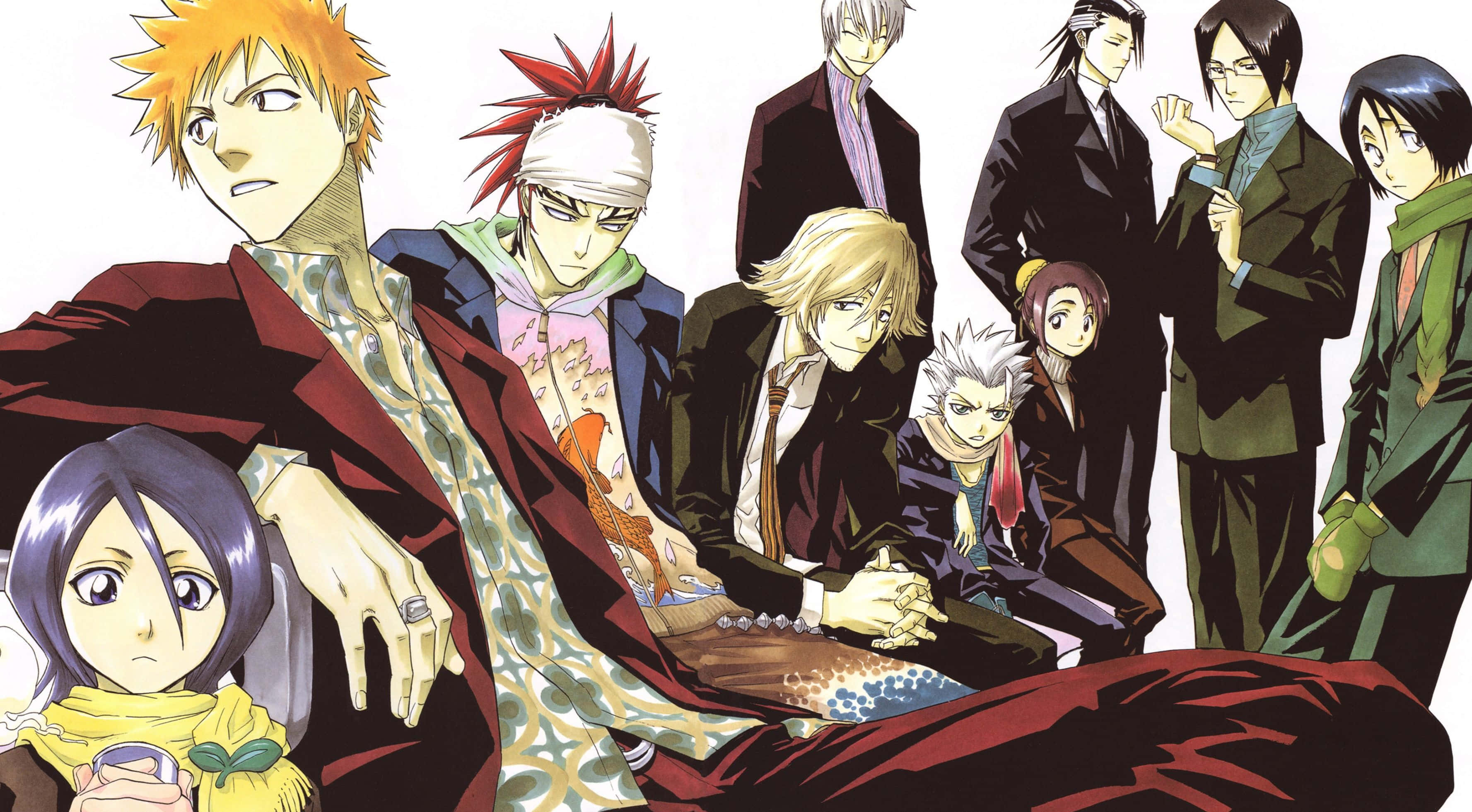 Manga Characters 桌布 壁紙 — 一群擁有獨特髮型和服裝的動漫角色，在純白色背景前一起擺姿勢。
