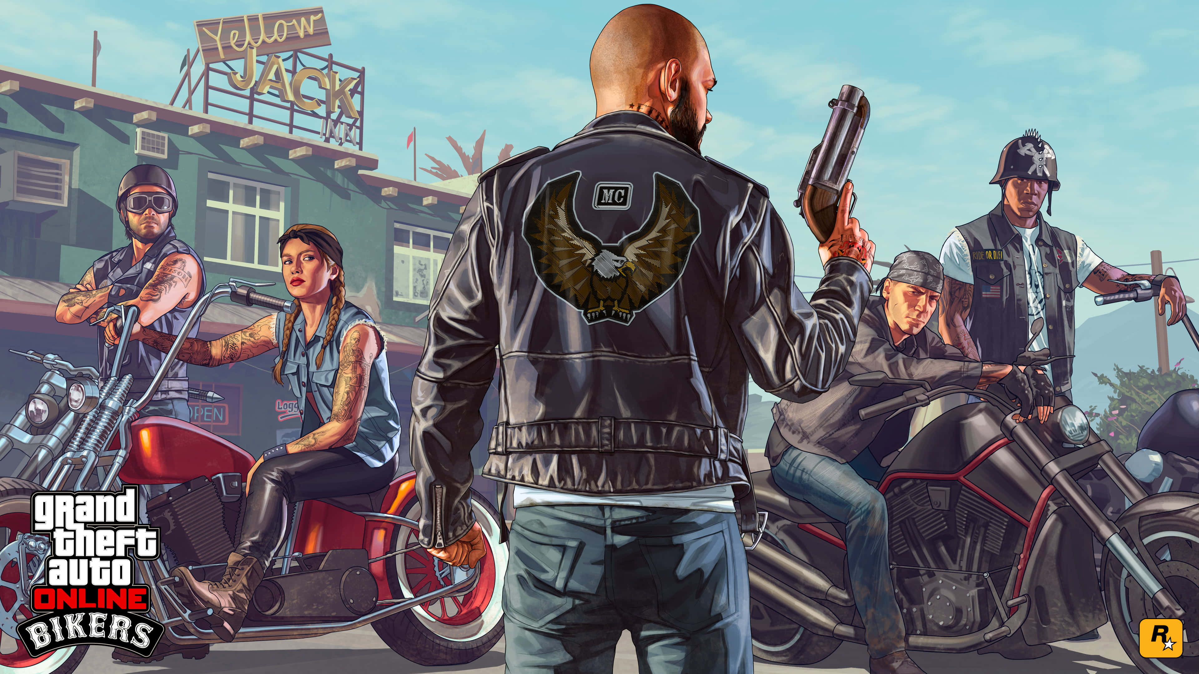 Online Games 桌布 壁紙 — 一群有紋身的電單車手穿著皮褸，在晴朗的藍天下，於 'Yellow Jack' 酒吧附近與訂製電單車合影。