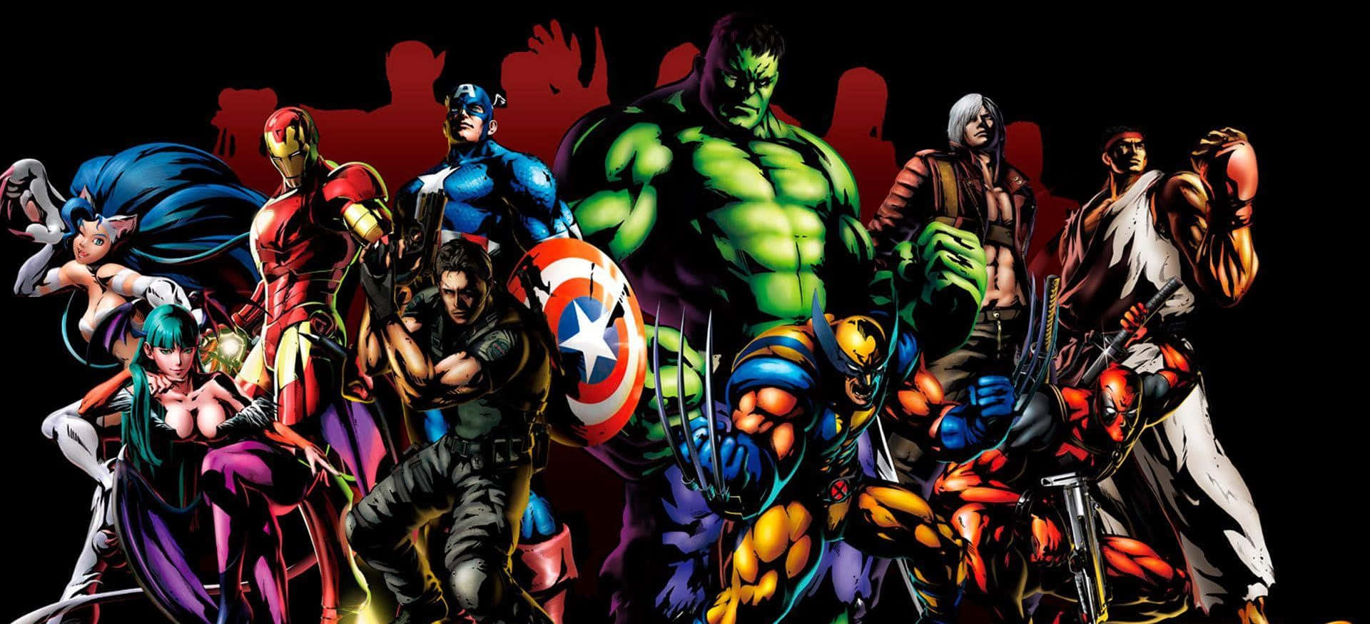Iron Man Villains 桌布 壁紙 — 一群標誌性漫畫超級英雄和反派在深紅色潑濺背景前以英雄姿態擺出動態姿勢。