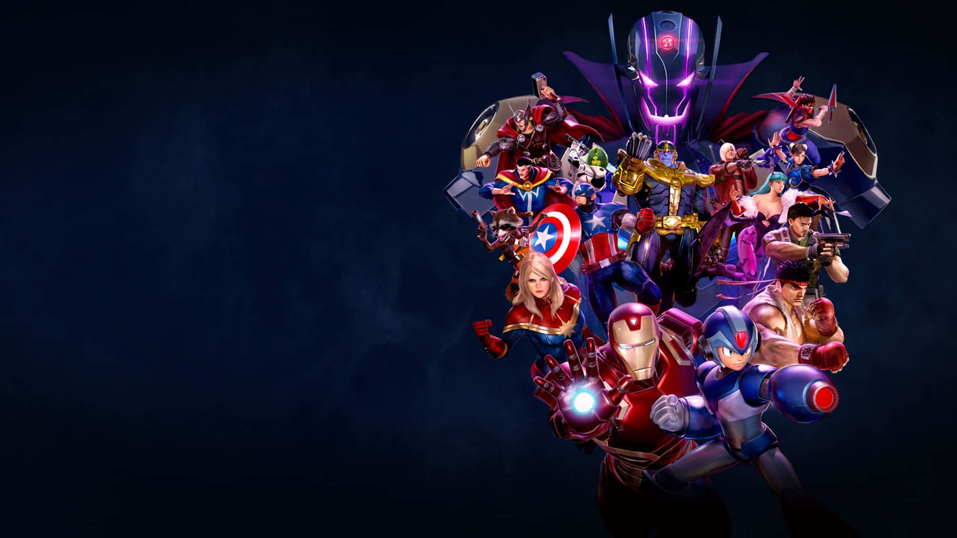 Marvel Vs Capcom Characters 桌布 壁紙 — 一群標誌性的超級英雄和反派在黑暗煙霧背景前英勇地擺出動態姿勢。