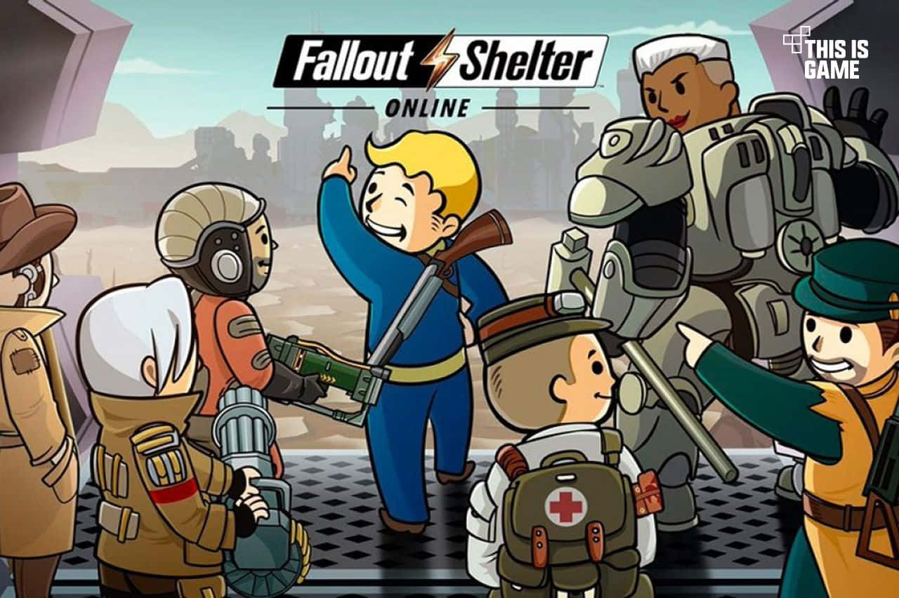 Fallout Shelter 桌布 壁紙 — 一群歡樂的Fallout卡通角色穿著末日後裝備，一起站在廢墟城市景觀中。