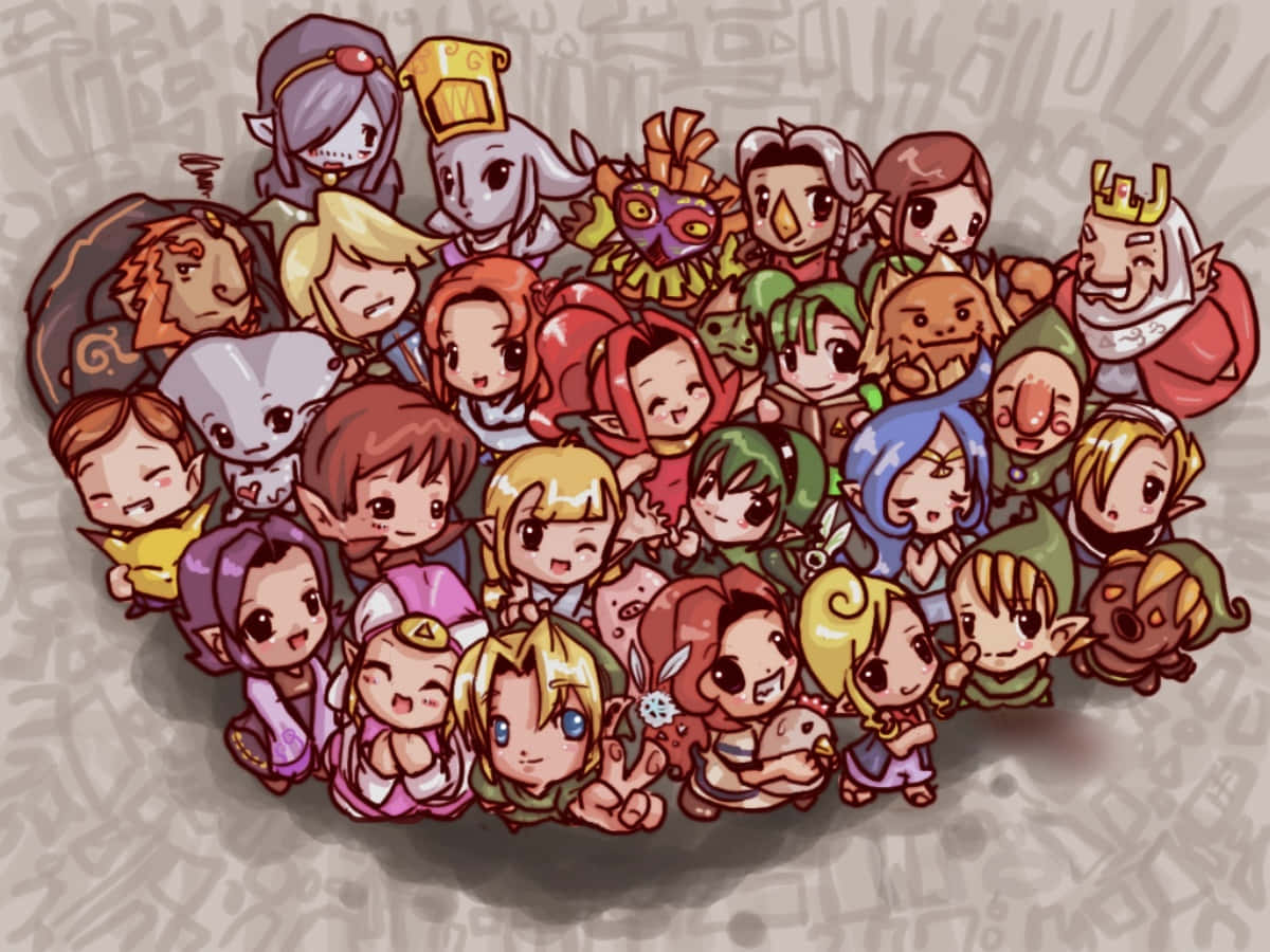The Legend Of Zelda Characters 桌布 壁紙 — 一群歡樂的Q版風格奇幻角色，在溫暖多彩的擁抱中擠在一起。