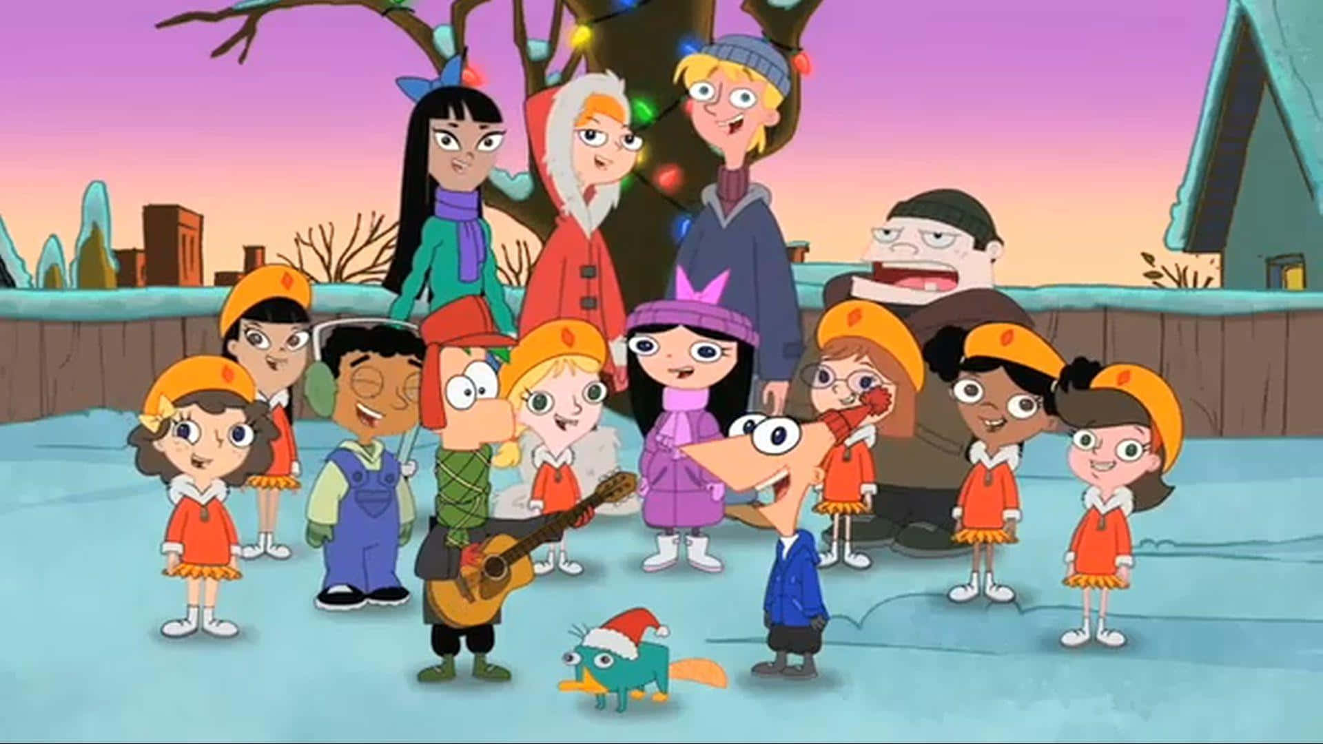Phineas And Ferb 桌布 壁紙 — 一群歡樂的動畫兒童和成人聚集在冬季的戶外，在紫色日落天空下用結他和節日燈光慶祝。