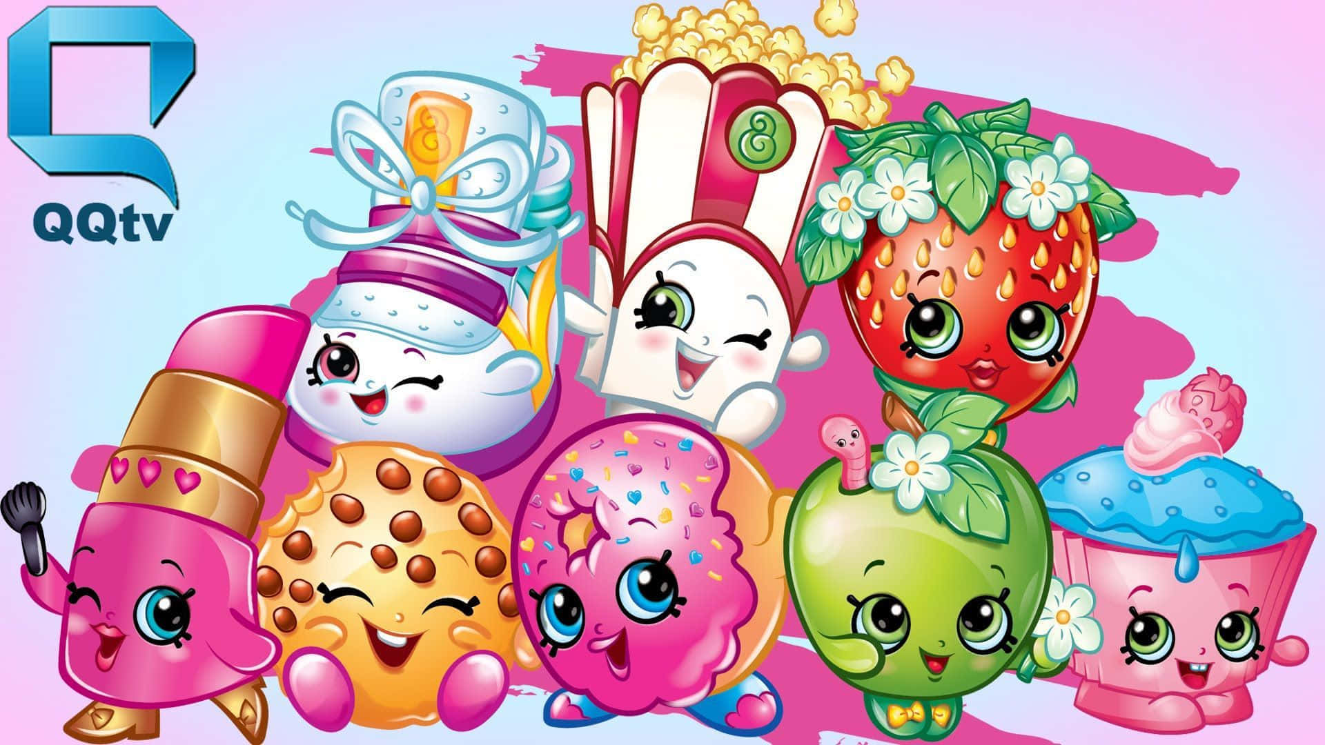 Shopkins 桌布 壁紙 — 一群歡樂的動畫食物角色，有大眼睛和笑容，包括草莓、杯子蛋糕和唇膏，背景是柔和漸變色。