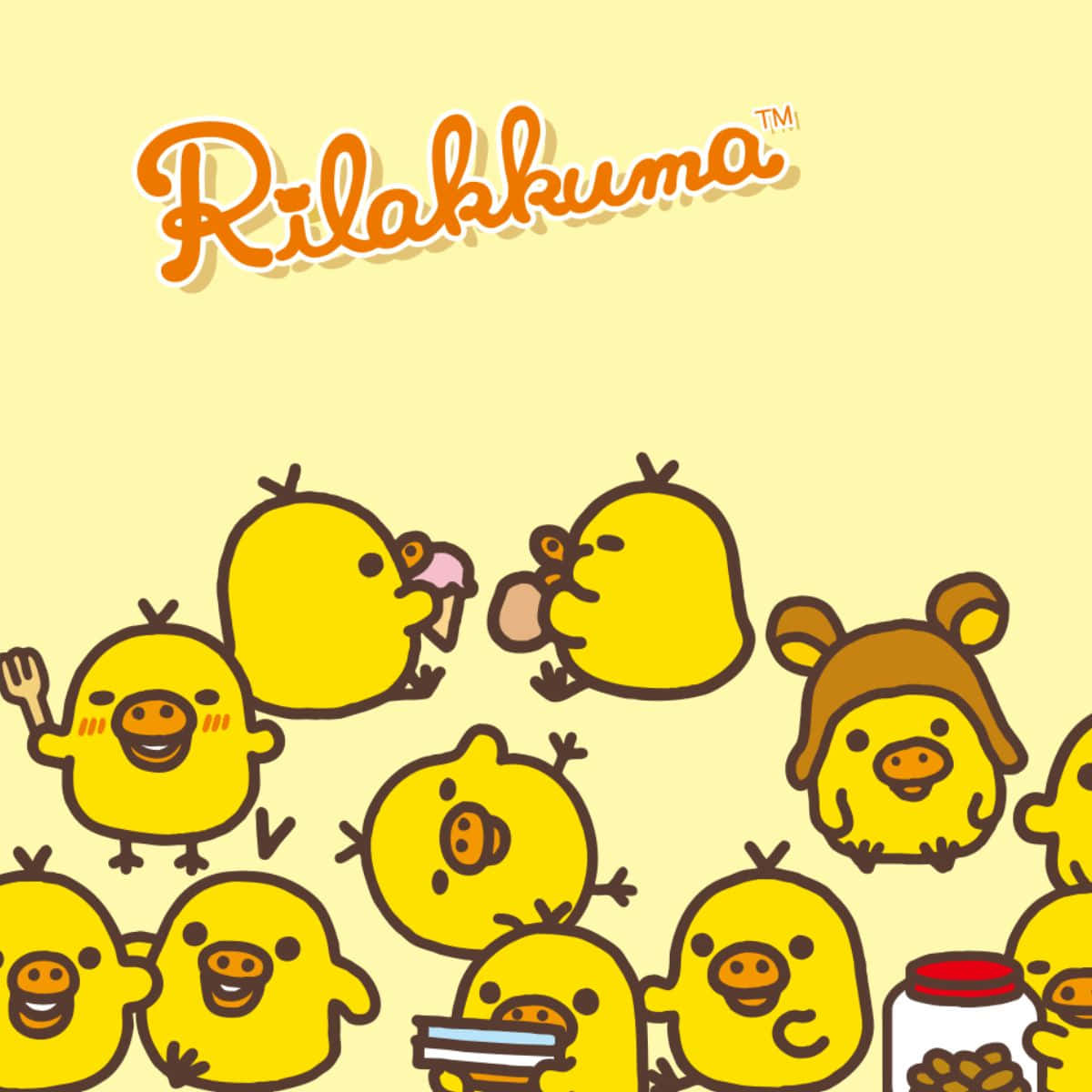 黃色卡通小雞在Rilakkuma標誌下快樂地吃零食。 — 鬆弛熊 GIF 壁紙