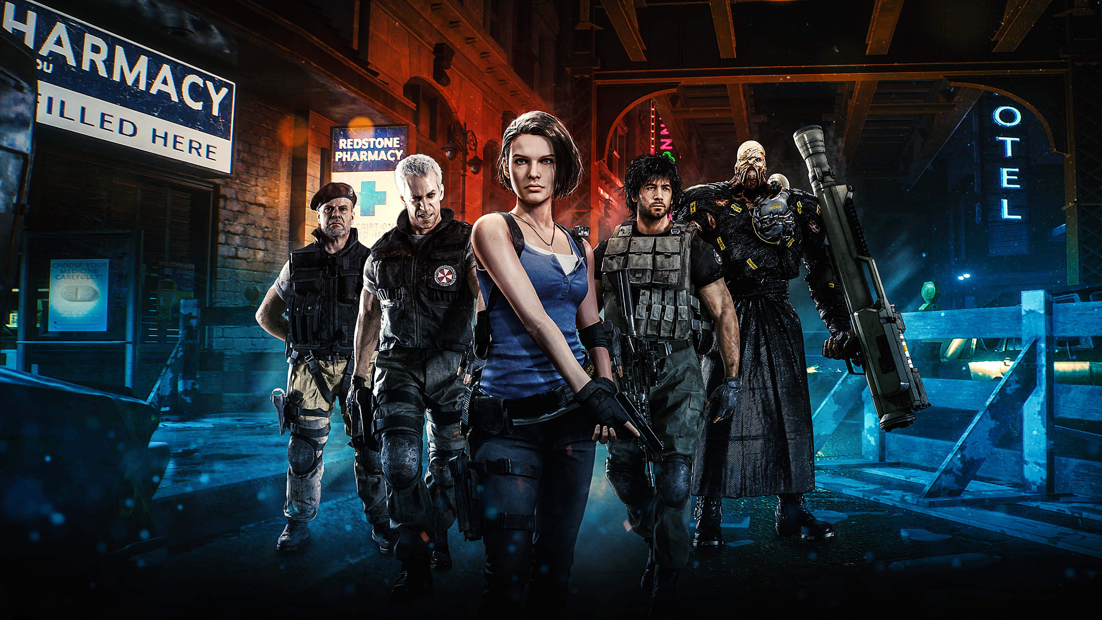 Resident Evil Characters 桌布 壁紙 — 一群武裝倖存者在夜間穿過霓虹燈照亮的城市小巷，帶有藥房和酒店的標誌。