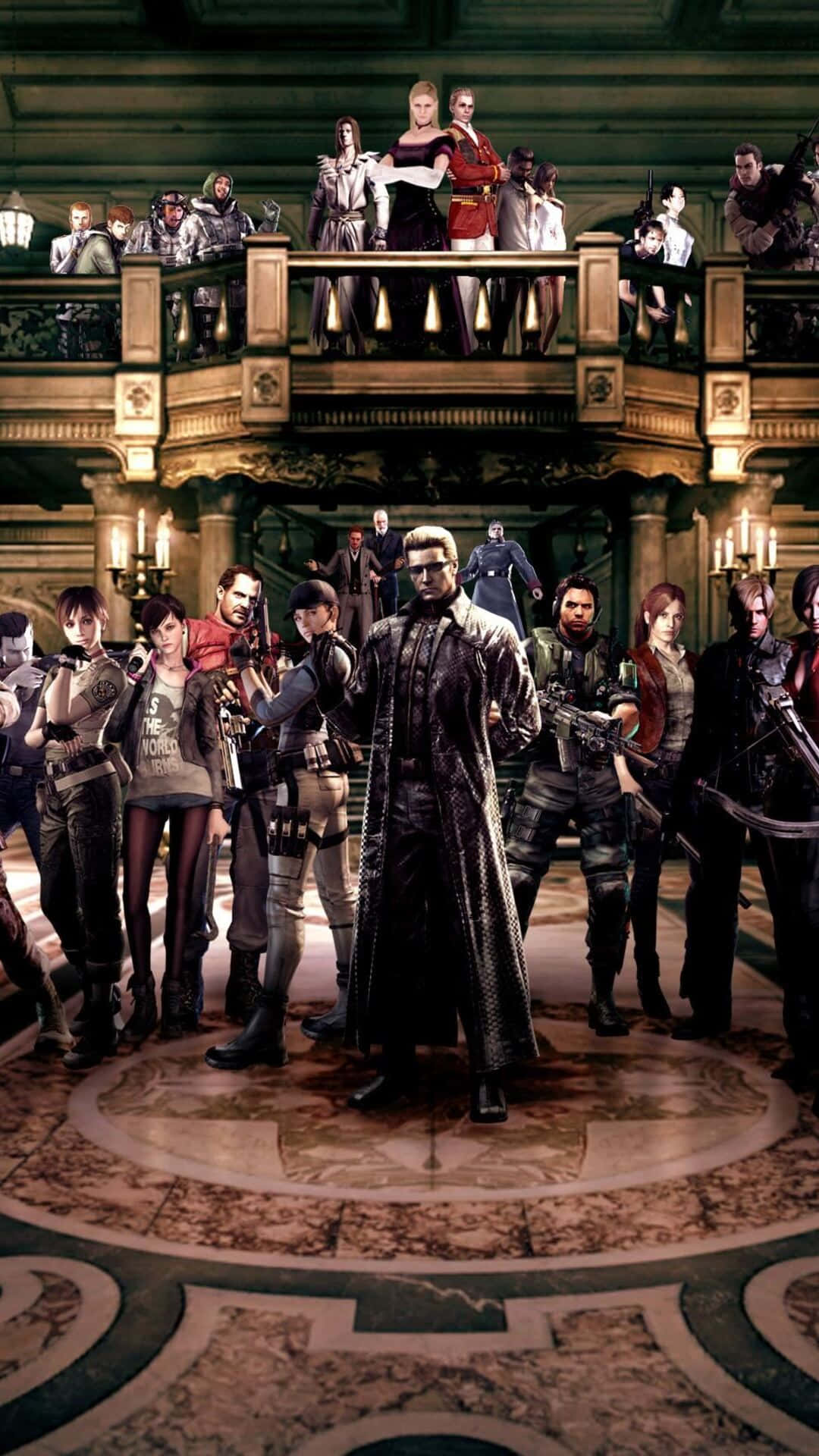 Resident Evil Characters 桌布 壁紙 — 一群武裝角色在宏偉的、燭光照亮的豪宅大廳中，擁有華麗的陽台和大理石地板。