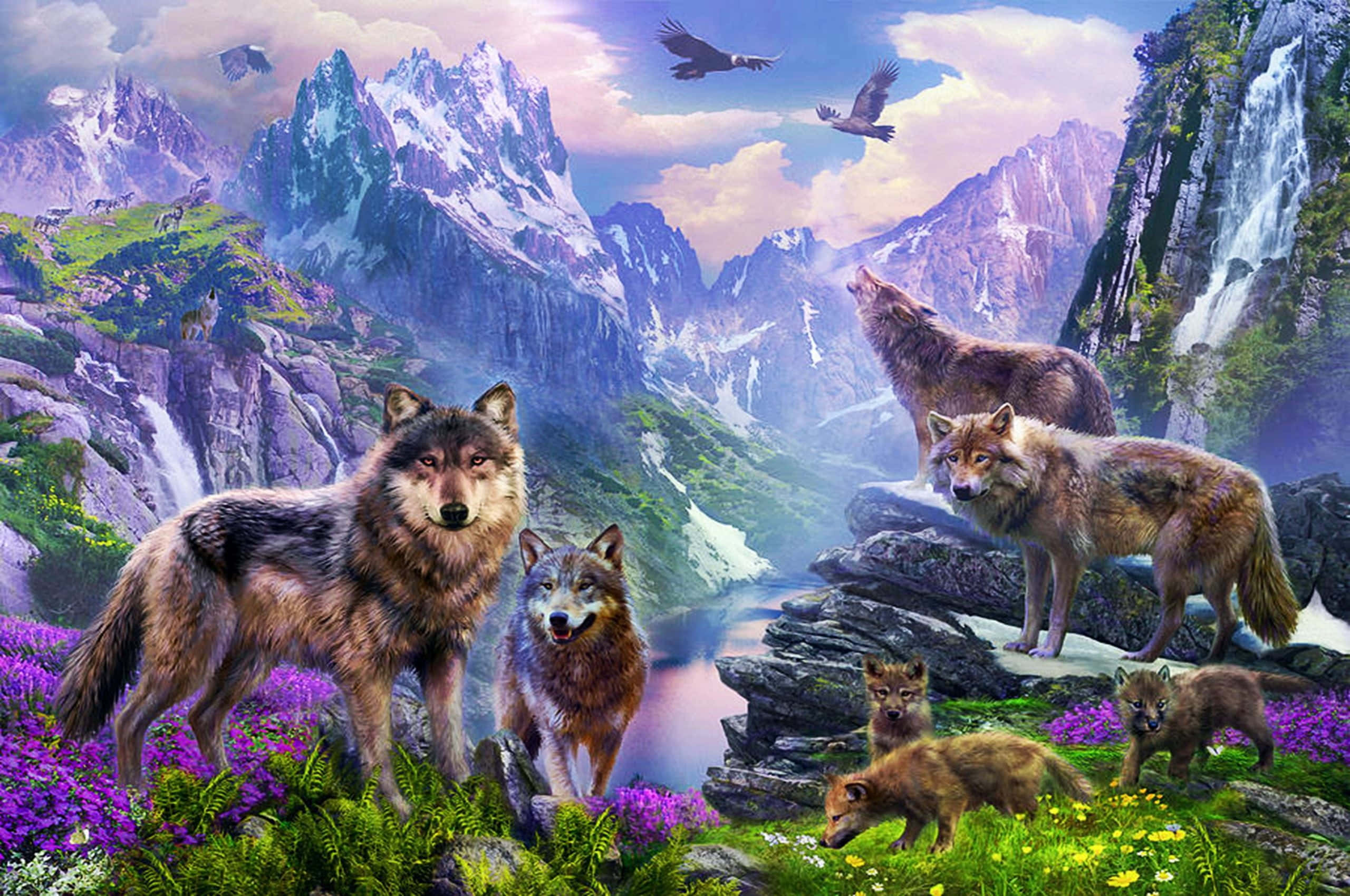 Wolf In Spring 桌布 壁紙 — 一群狼站在紫色花朵和岩石峭壁之間，背景是雪山和瀑布。