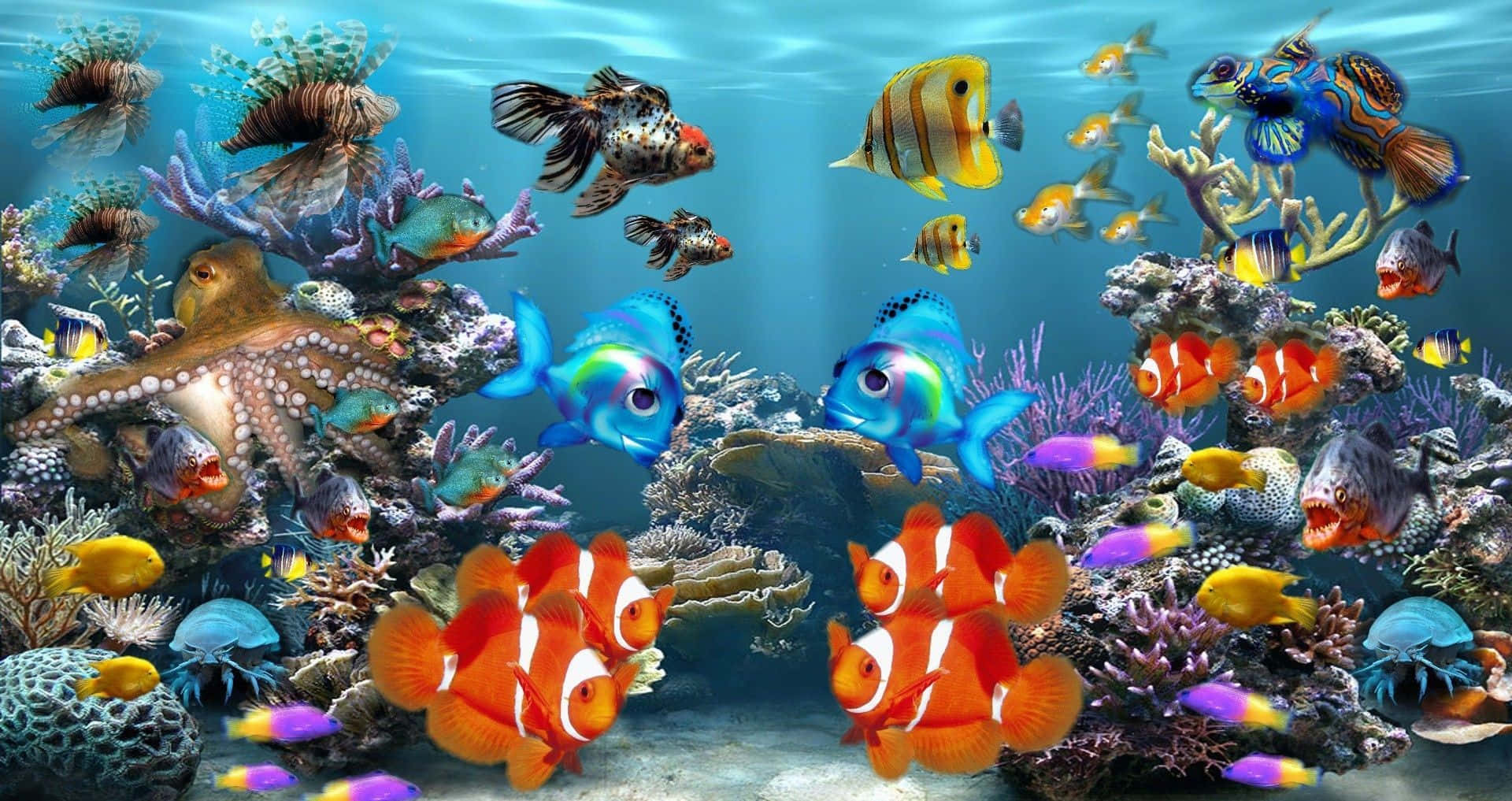 一群異國風情的魚在水族箱中悠遊 壁紙 — 充滿活力的珊瑚礁，色彩繽紛的熱帶魚（包括小丑魚和神仙魚）在各種珊瑚和章魚之間游動。