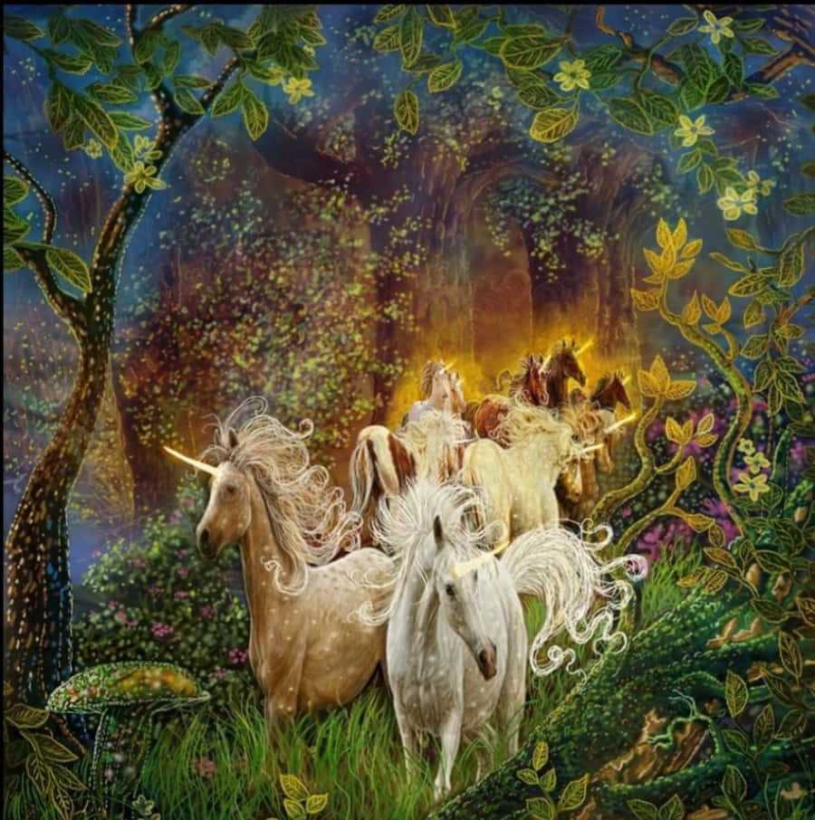 Unicorns 桌布 壁紙 — 一群神秘的獨角獸，頭上的角閃閃發光，奔馳在充滿魔法光芒的茂密魔法森林中。