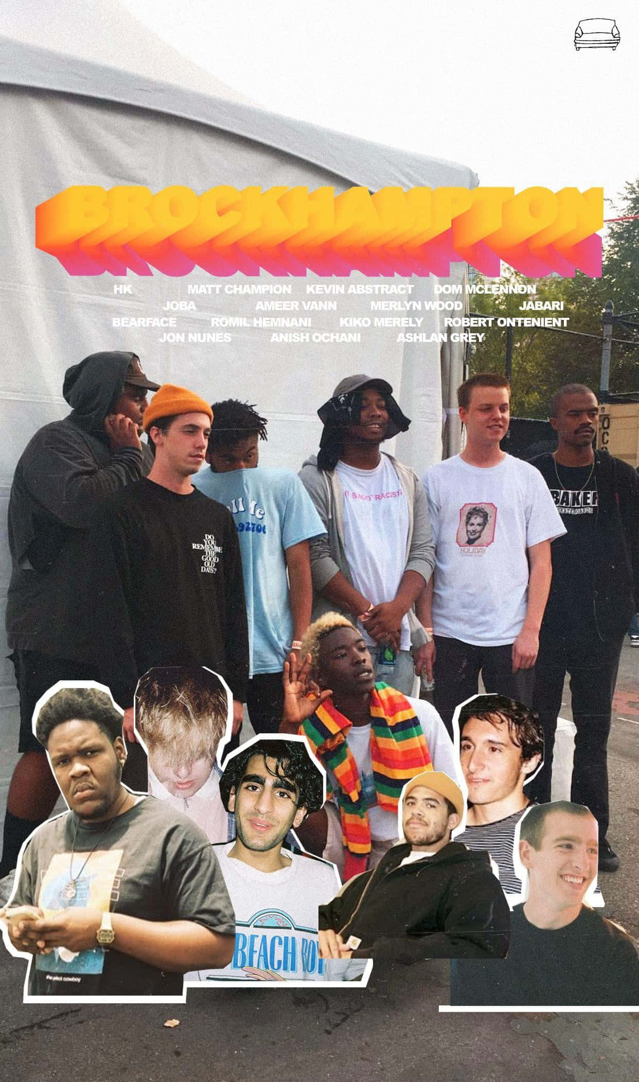 Brockhampton 桌布 壁紙 — 一群穿著休閒街頭服的年輕男子在白色帳篷下擺姿勢，帳篷上有粗體橙色漸變文字寫著「BROCKHAMPTON」，位於他們的名字上方。