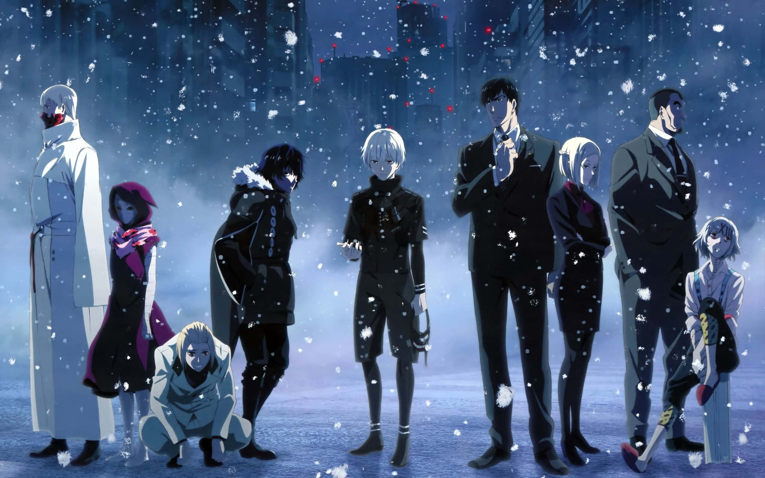 Ayato Kirishima 桌布 壁紙 — 一群穿著冬季外套的動漫角色在夜晚黑暗的城市景觀中站在飄落的雪下。