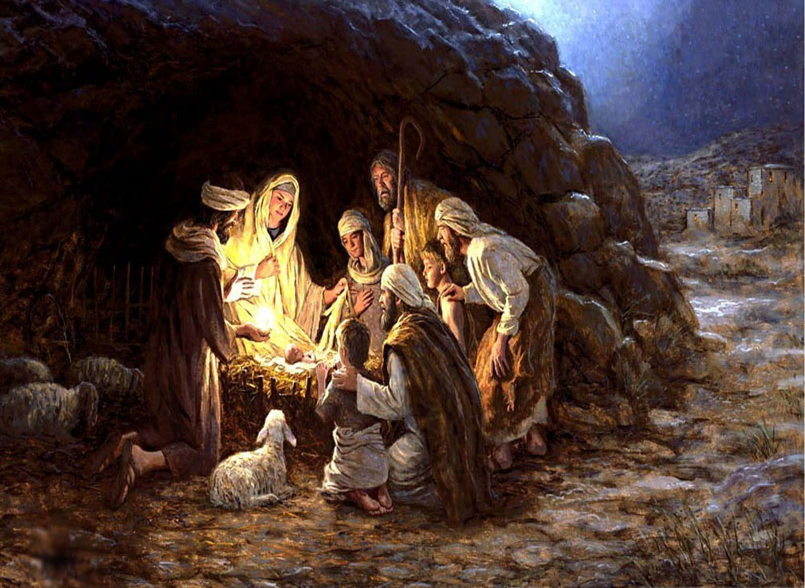 Nativity 桌布 壁紙 — 一群穿著古裝的人聚集在一個發光的嬰兒周圍，洞穴裡有羊和遠處的村莊，光線戲劇性。