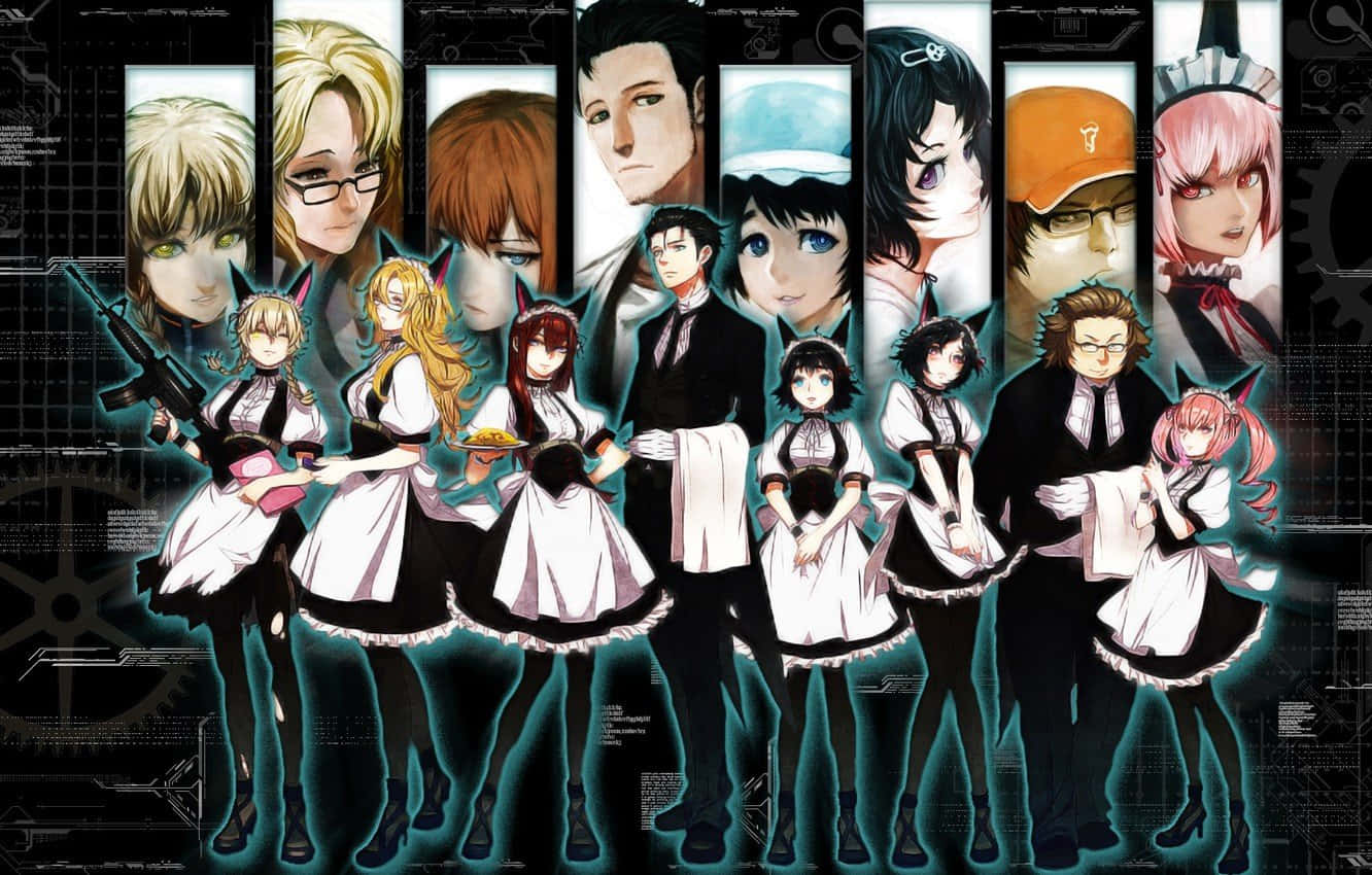 Steins Gate 桌布 壁紙 — 一群穿著女僕裝的動漫角色站在垂直肖像面板前，背景為黑暗科技主題。