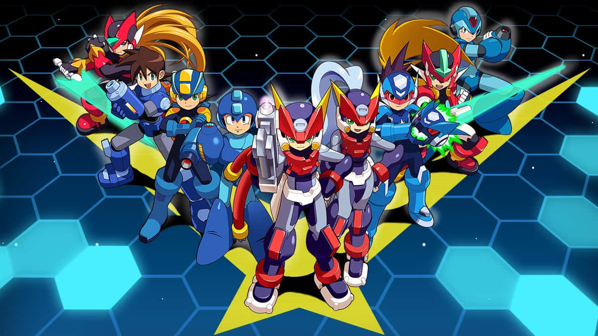 Megaman 桌布 壁紙 — 一群穿著未來裝甲的洛克人角色，在藍色六邊形網格背景上，英勇地站在發光的黃色星星上。