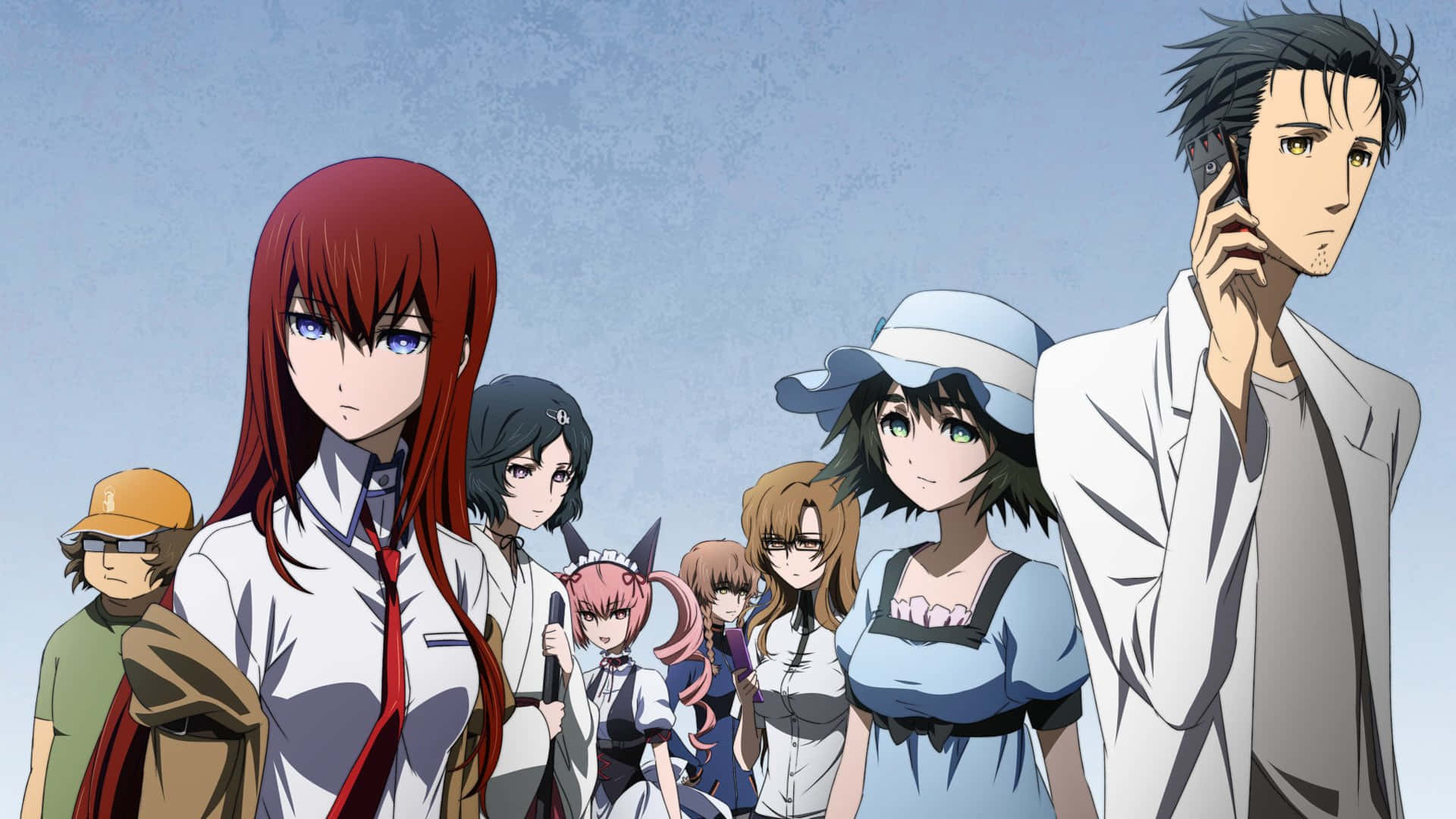 Steins Gate 桌布 壁紙 — 一群穿著校服和休閒服裝的動漫角色站在柔和的藍天下，其中一名男子正在講電話。