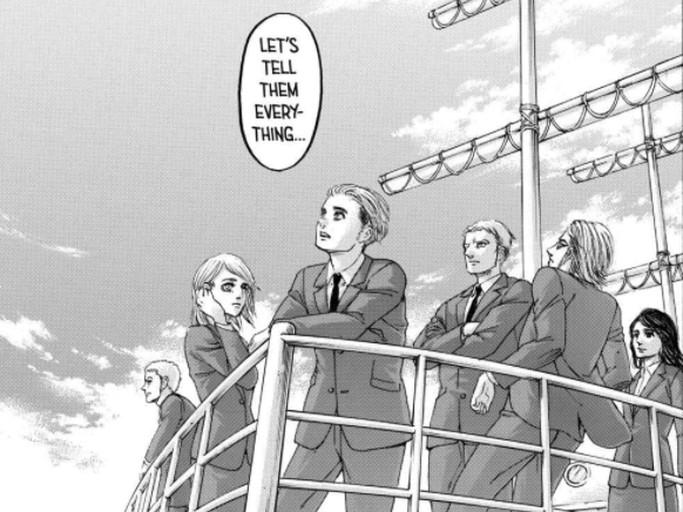 Manga Series 桌布 壁紙 — 一群穿著正式的人站在欄杆上，俯瞰多雲的天空，其中一個角色在對話氣泡中說話。