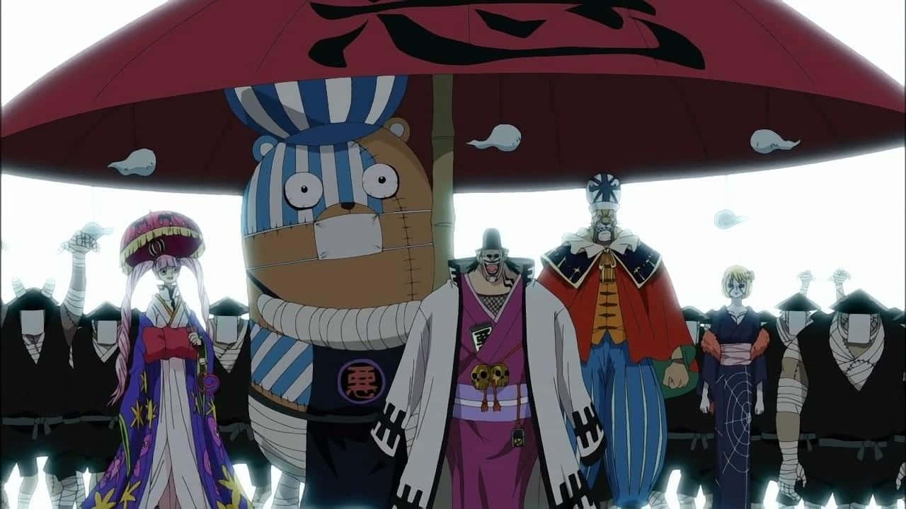 gecko moria 桌布 壁紙 — 一群穿著色彩繽紛傳統服飾的動漫角色，站在一把帶有黑色漢字的巨大紅色雨傘下，背景是明亮的白色。