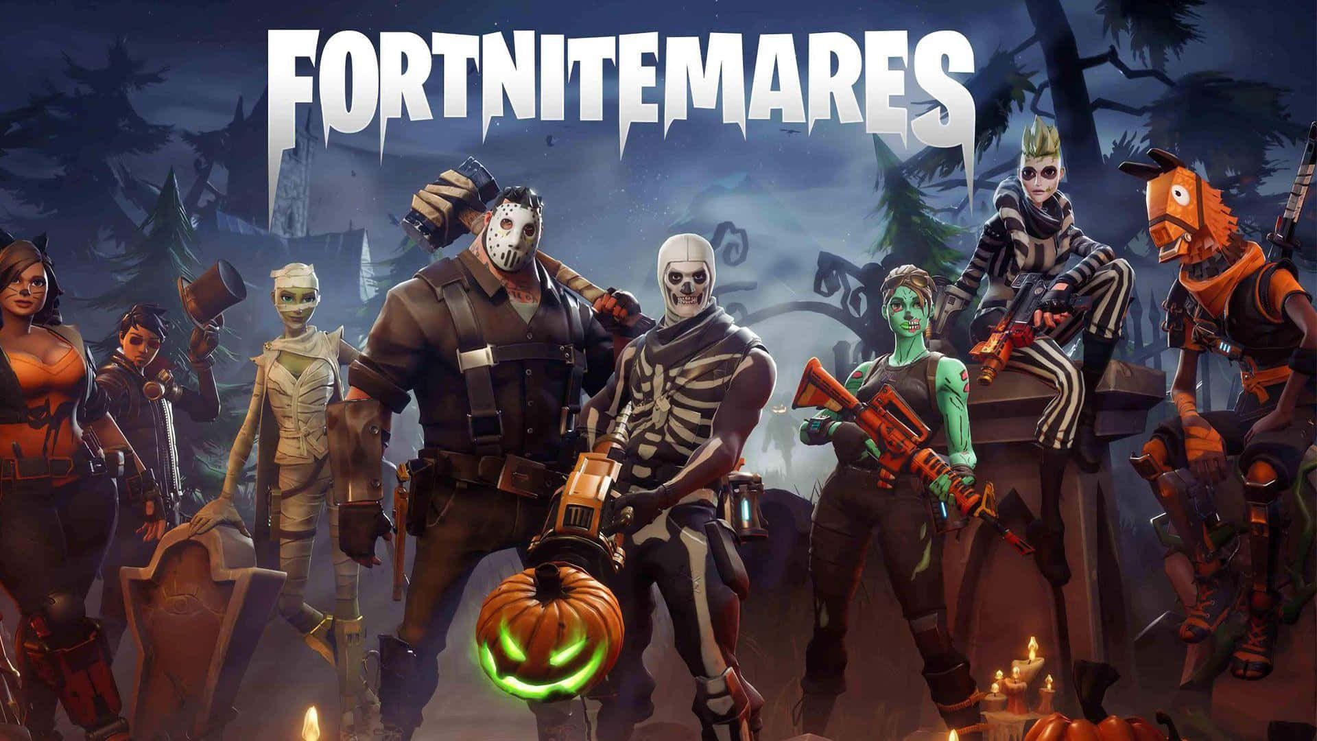 Halloween Games 桌布 壁紙 — 一群穿著萬聖節服裝的Fortnite角色站在陰森的森林中，有發光的南瓜和墓碑，天空陰暗。