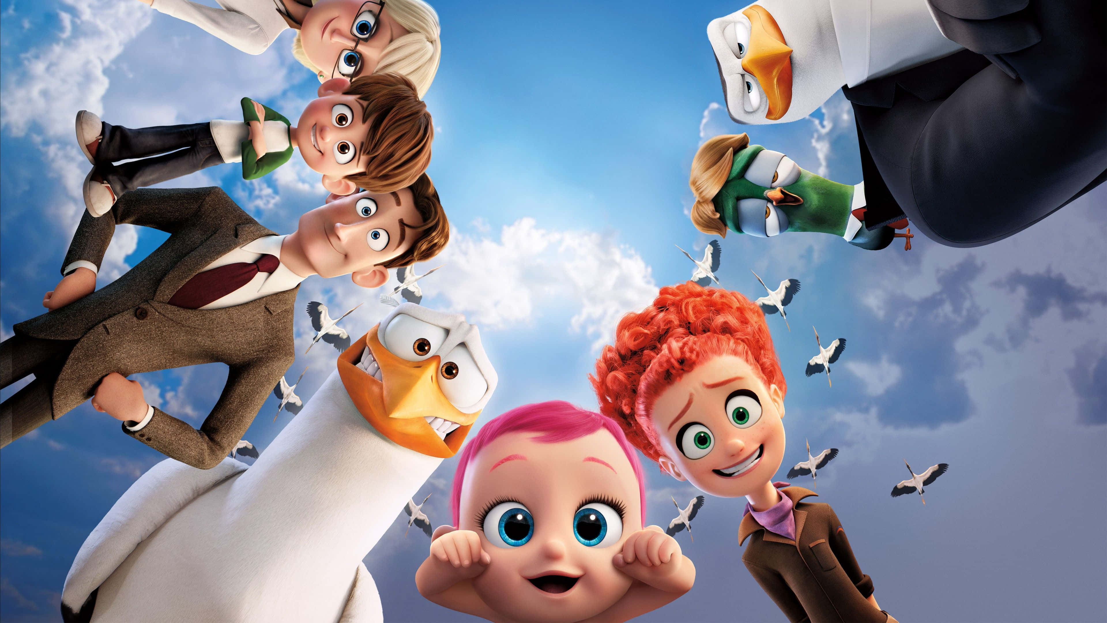 Animation Movies 桌布 壁紙 — 一群穿著西裝、頭髮色彩繽紛的動畫角色，在藍天白雲中倒立漂浮。