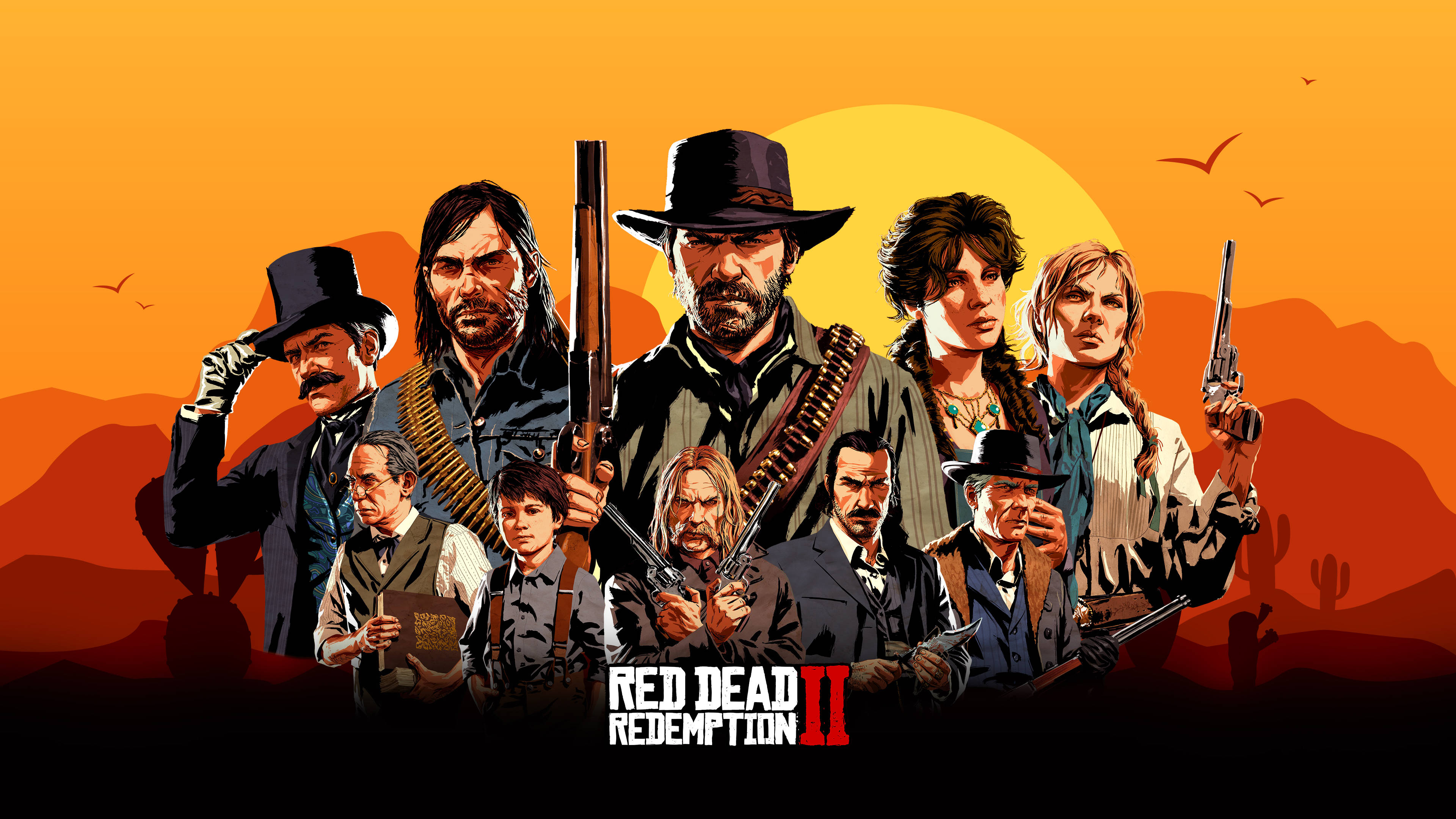 Red Dead Redemption 2 - PC 壁紙 — 一群粗獷的牛仔和亡命之徒在沙漠景觀中，以火紅的橙色日落為背景，拔槍而立，表情嚴峻。