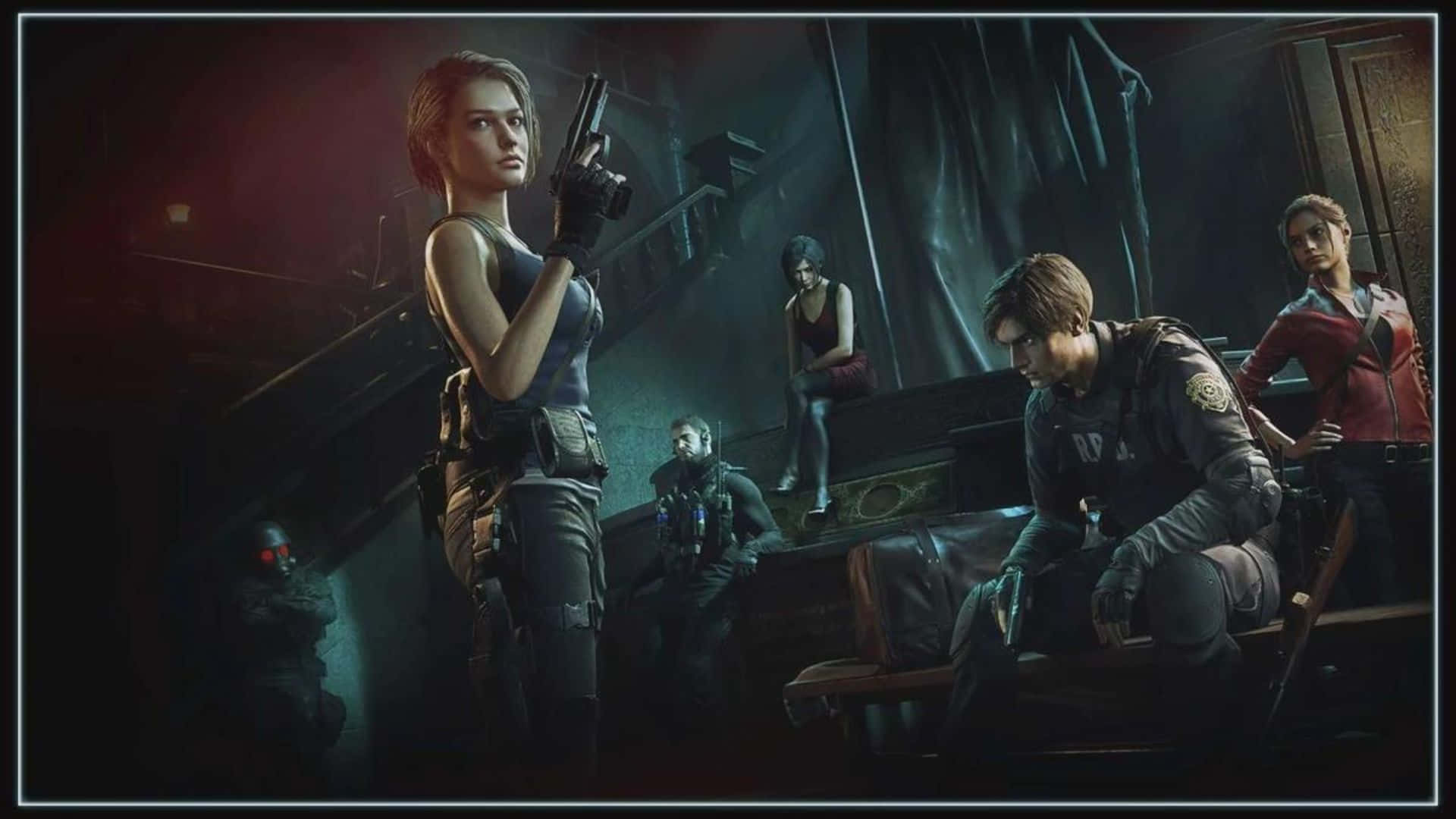 Resident Evil Characters 桌布 壁紙 — 一群緊張的倖存者在燈光昏暗、陰森的大宅中，手持槍械面對看不見的威脅。
