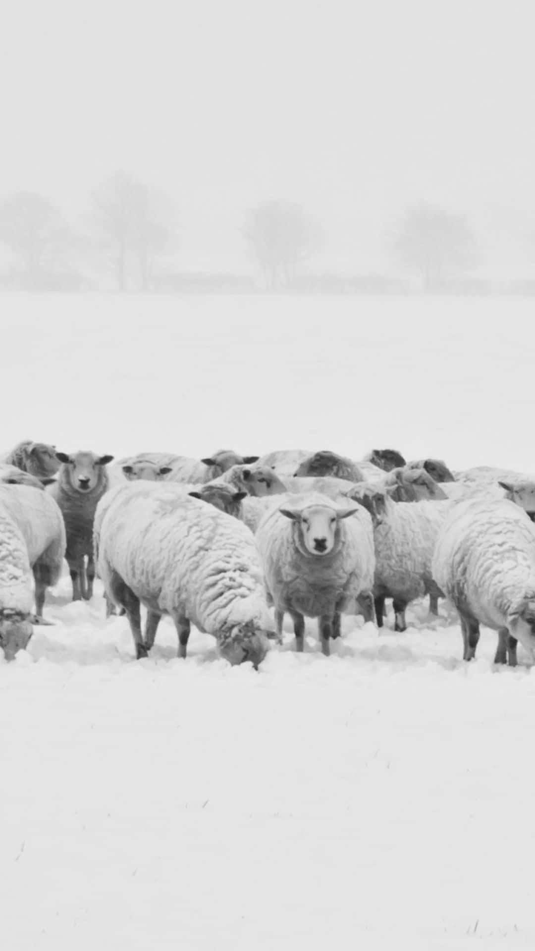 Winter Phone 桌布 壁紙 — 一群羊站在雪地上，冬日天空朦朧，遠處樹木隱約可見。