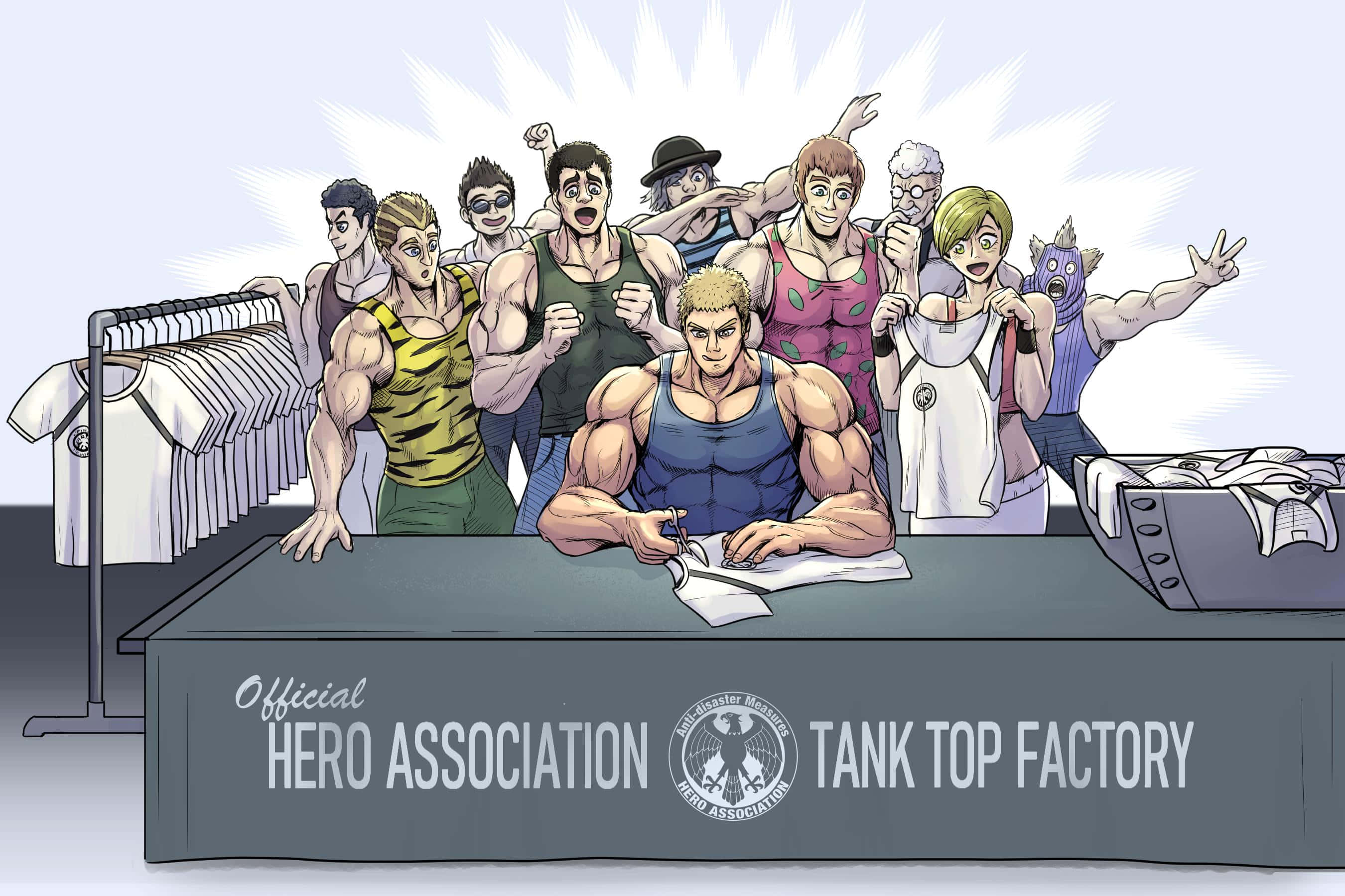 Tanktop Master 桌布 壁紙 — 一群肌肉發達的動漫英雄在標有「Hero Association Tank Top Factory」的桌子後面愉快地擺姿勢，旁邊有掛滿背心的架子。