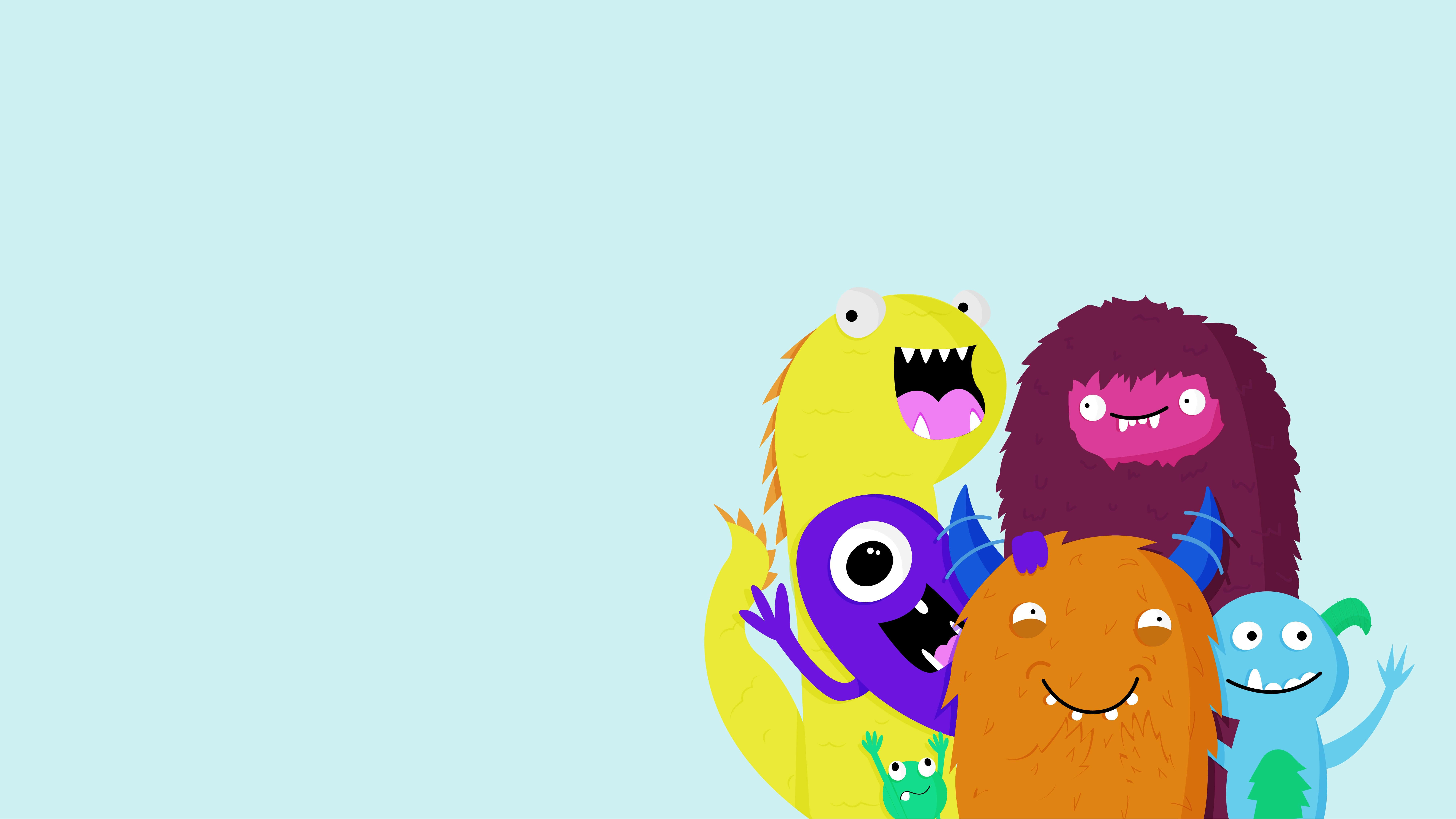 Kawaii Monster 桌布 壁紙 — 一群色彩繽紛、大眼睛、笑容友善的卡通怪物，在柔和的淺藍色背景上聚集在一起。