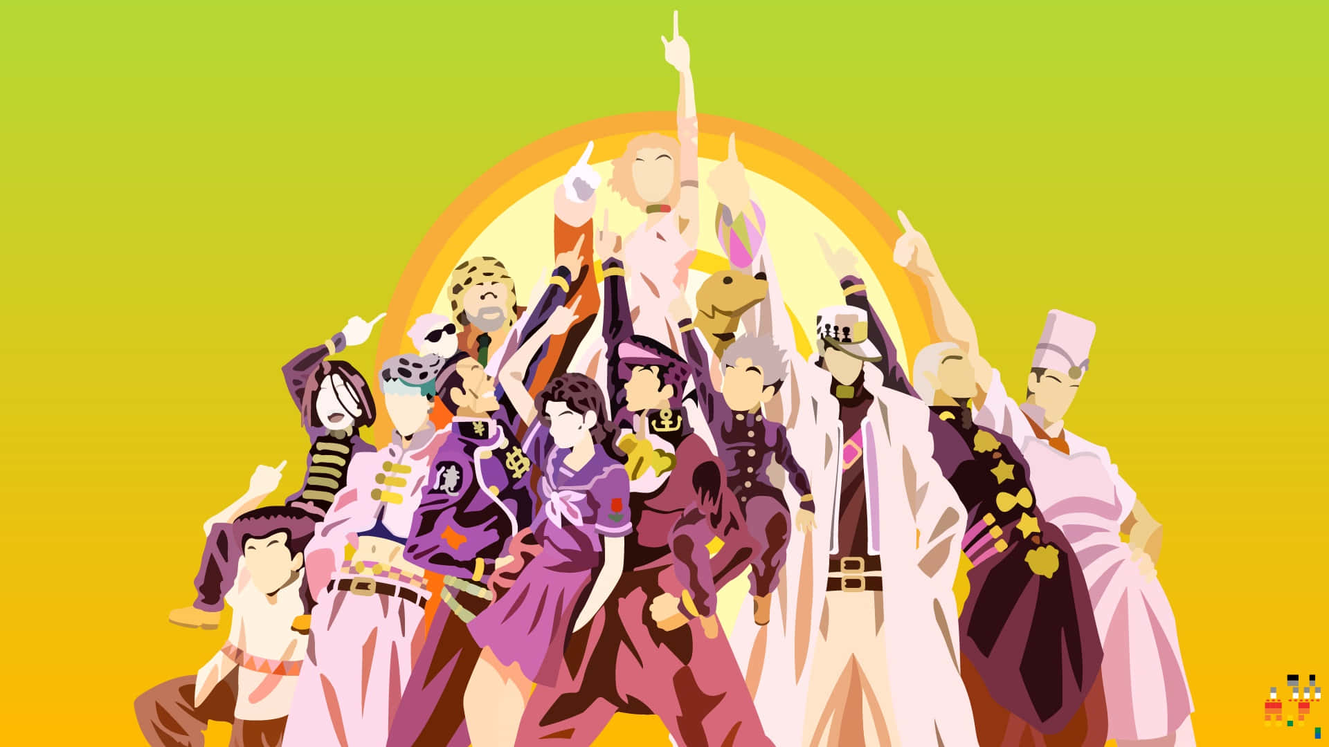 Diamond Is Unbreakable 桌布 壁紙 — 一群色彩繽紛服裝的動漫角色在發光黃色漸變背景前充滿活力地擺姿勢。