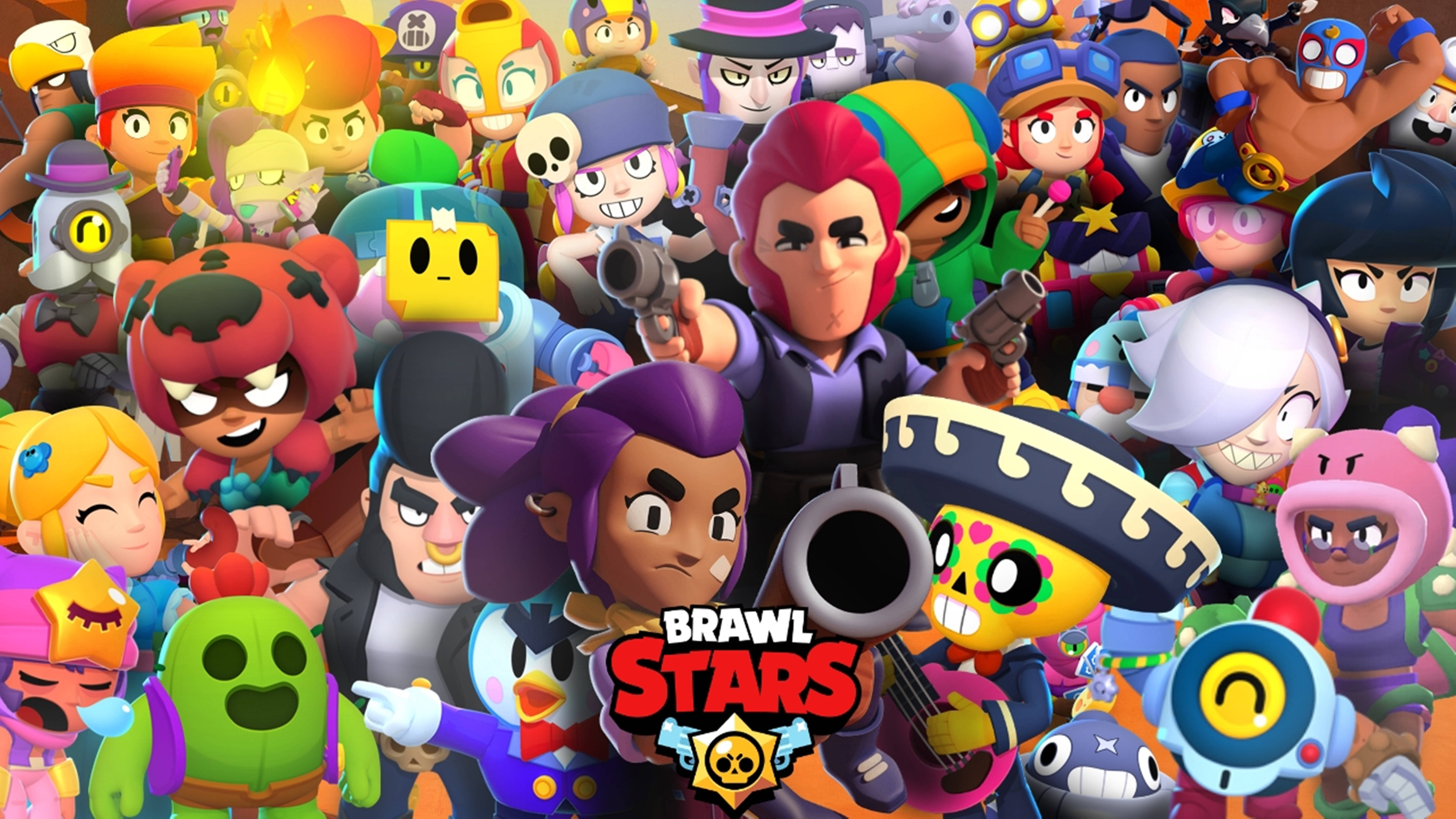 Brawl Stars 桌布 壁紙 — 一群色彩繽紛的《Brawl Stars》角色以動感姿態和誇張卡通表情呈現的活潑人群。